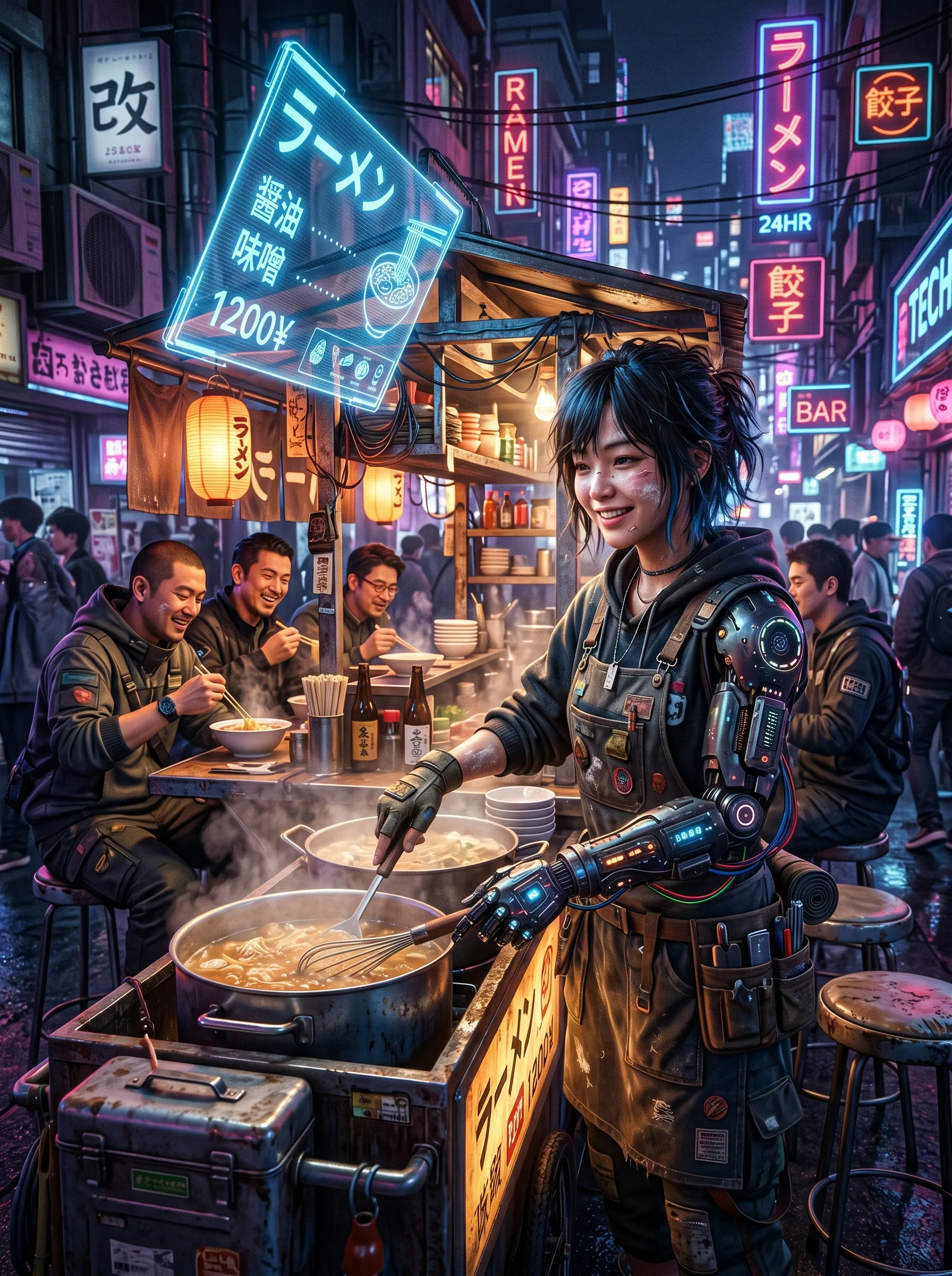 Smiling woman with cybernetic arms cooking ramen at a busy night market stall, steam rising, warm golden light