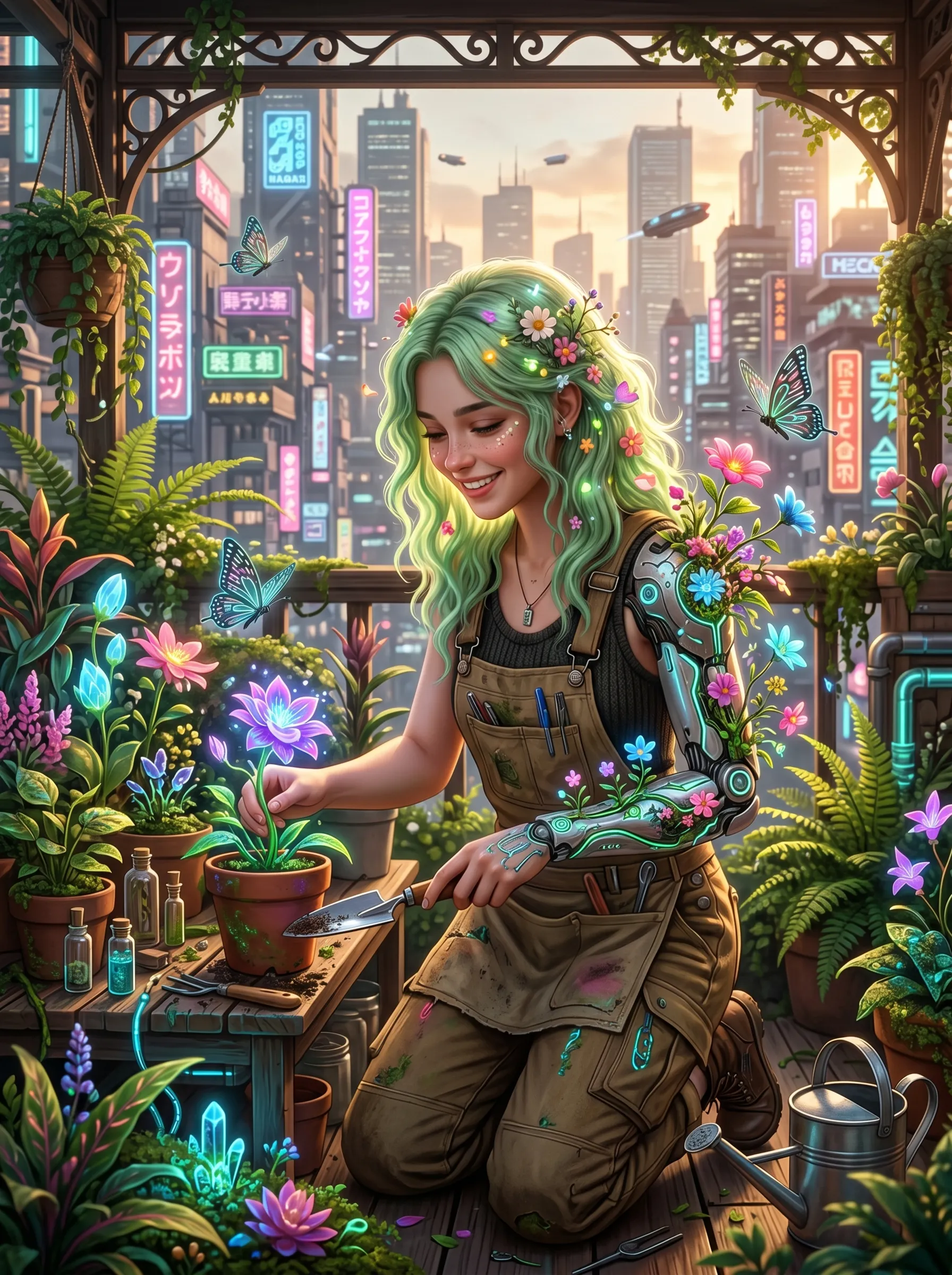 Green-haired gardener kneeling among bioluminescent flowers on a rooftop greenhouse overlooking a neon skyline