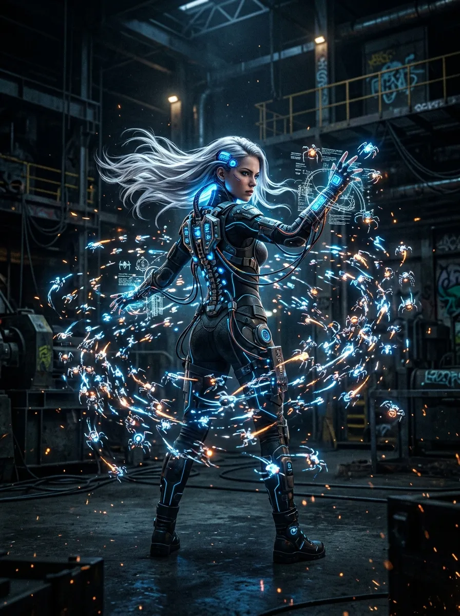 Silver-haired warrior surrounded by crackling electricity whips in a dark industrial warehouse