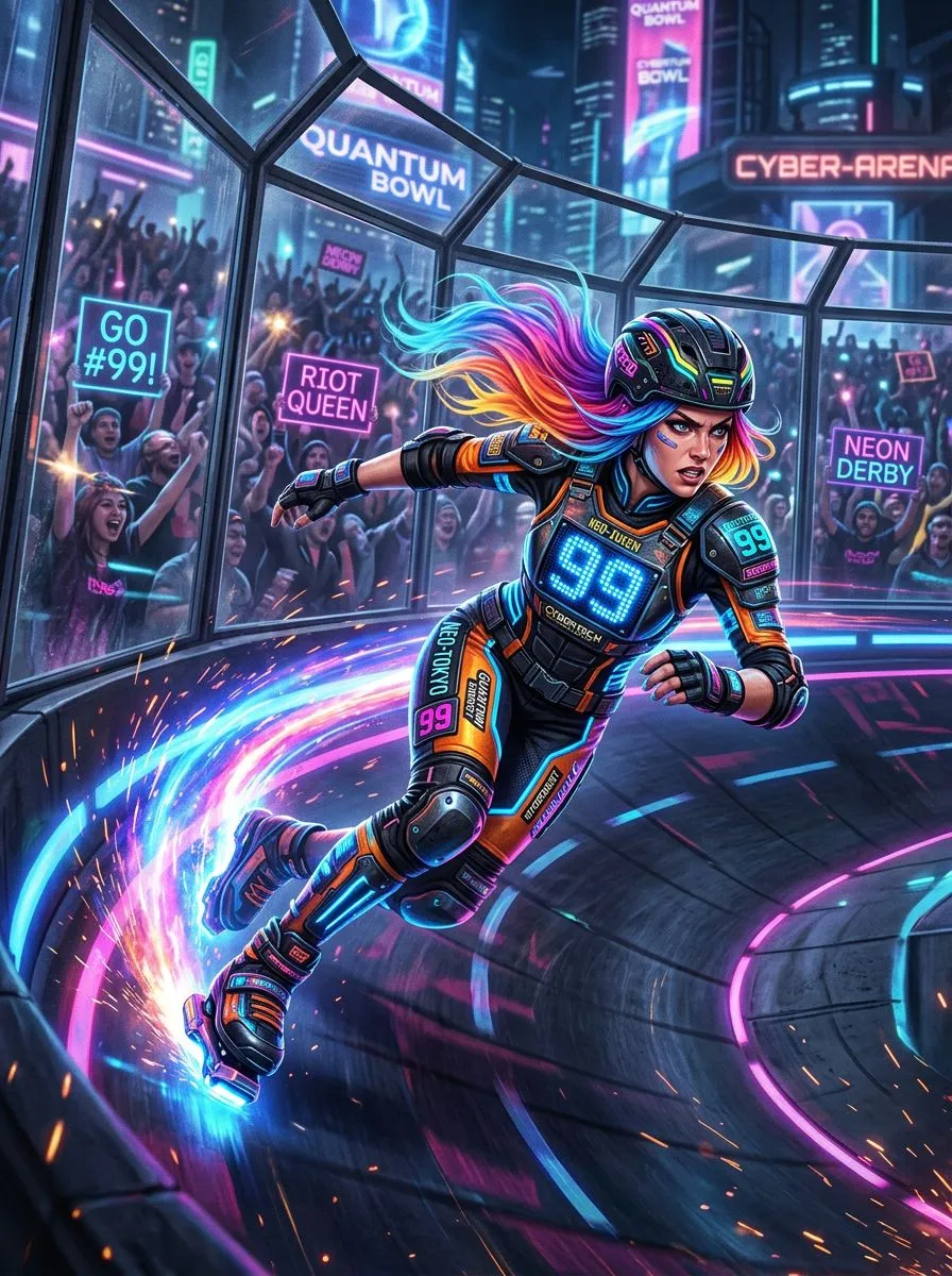 Rainbow-haired roller derby player number 99 carving a sharp turn on a neon-lit arena track