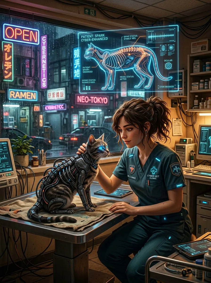 AI girl generator cyberpunk vet with brown hair examining a mechanical cat on a diagnostic table at night
