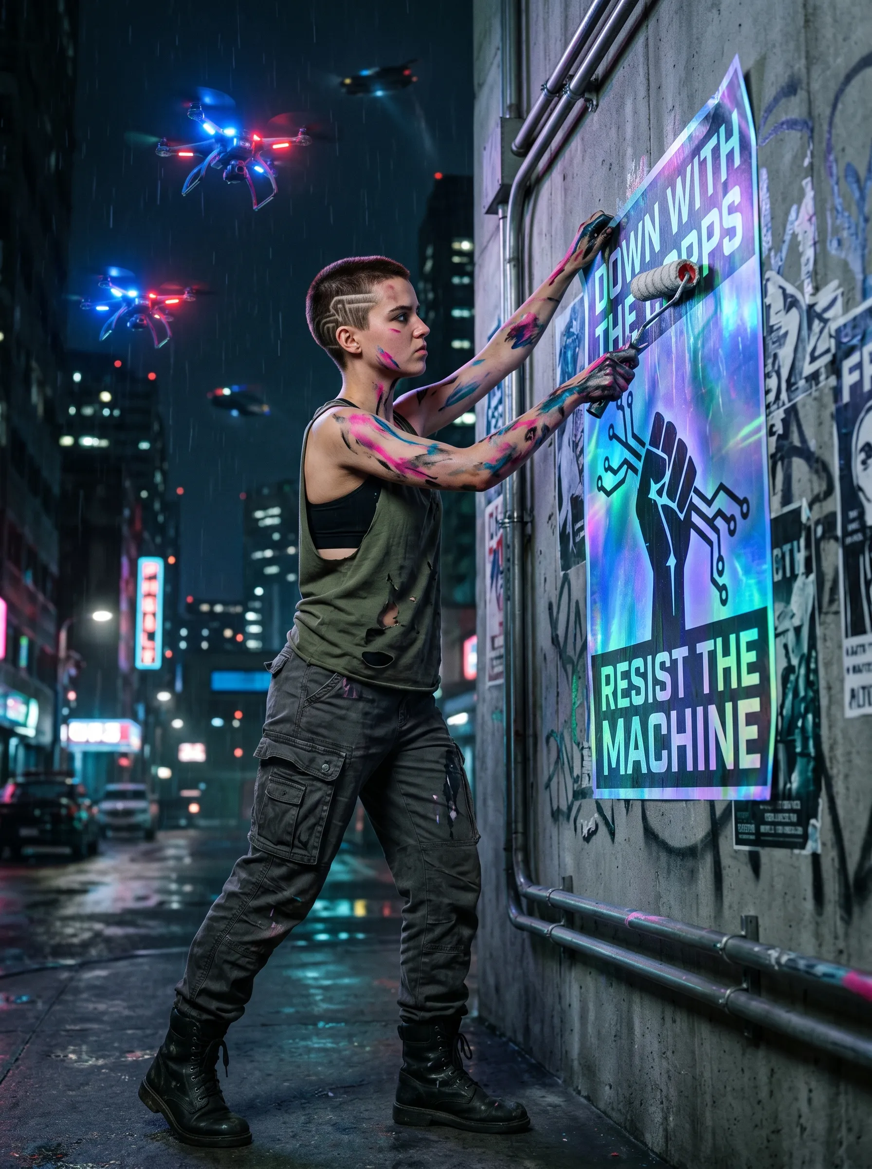 Shaved-side punk girl wheat-pasting a protest poster on a rainy wall while surveillance drones hover above