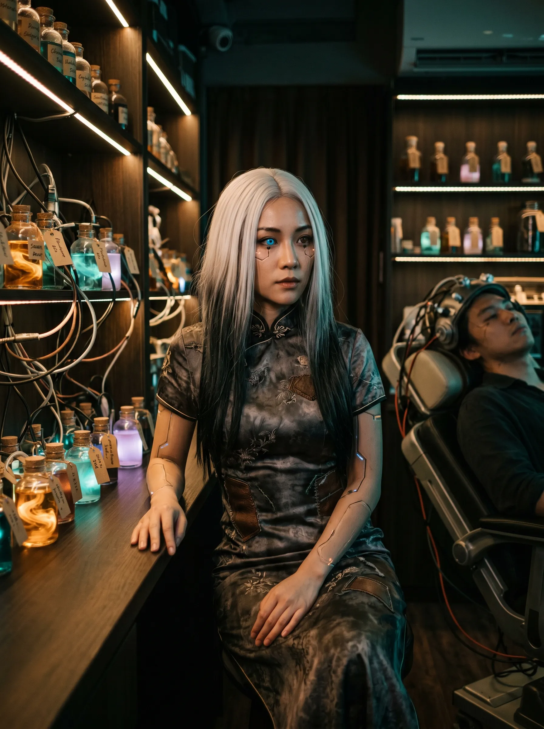 Platinum-haired woman in a dark qipao seated in an apothecary lined with glowing bottles and wired vials