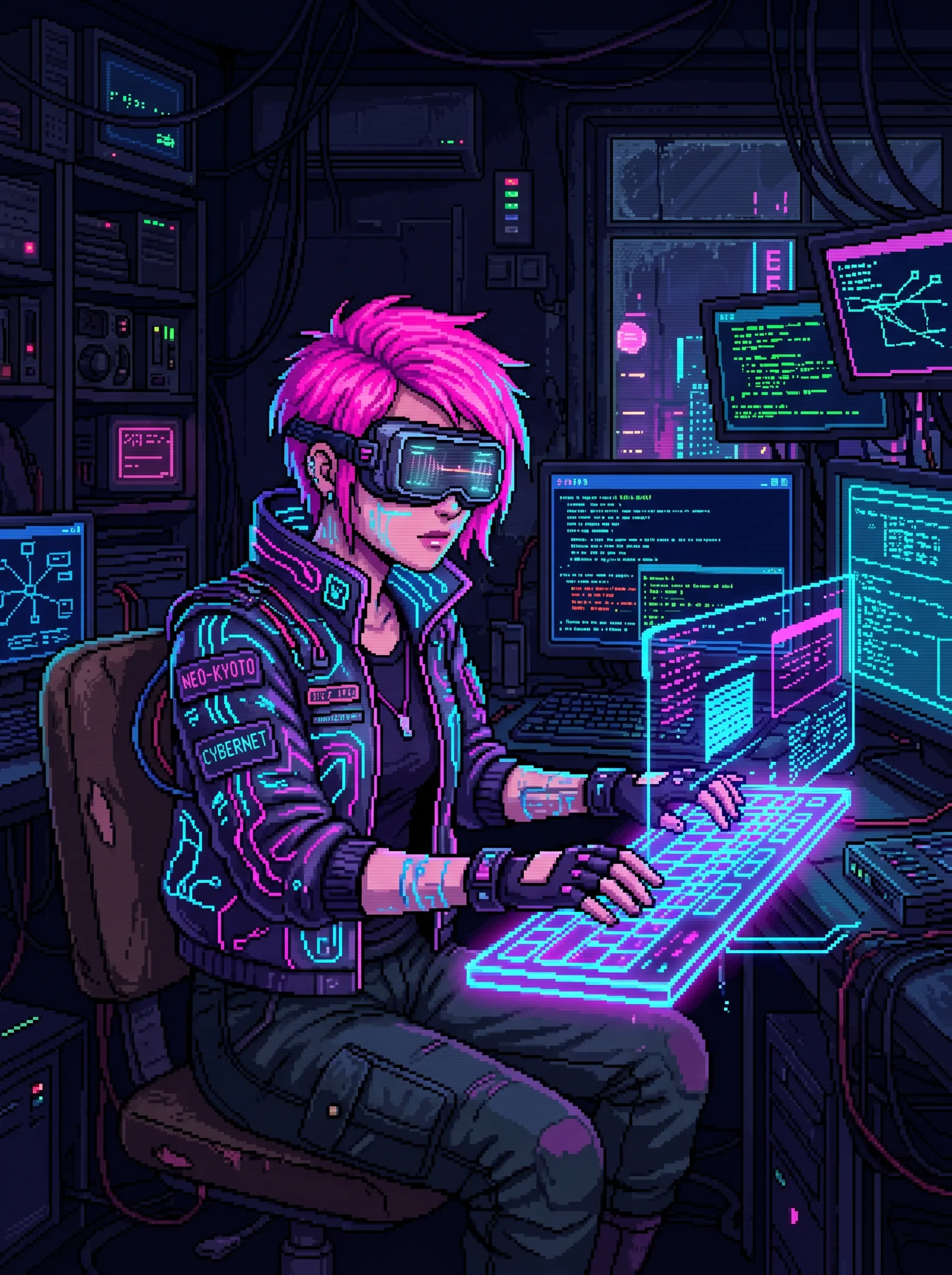 Pink-haired hacker in a cyberpunk jacket typing on a glowing holographic keyboard, retro pixel art style