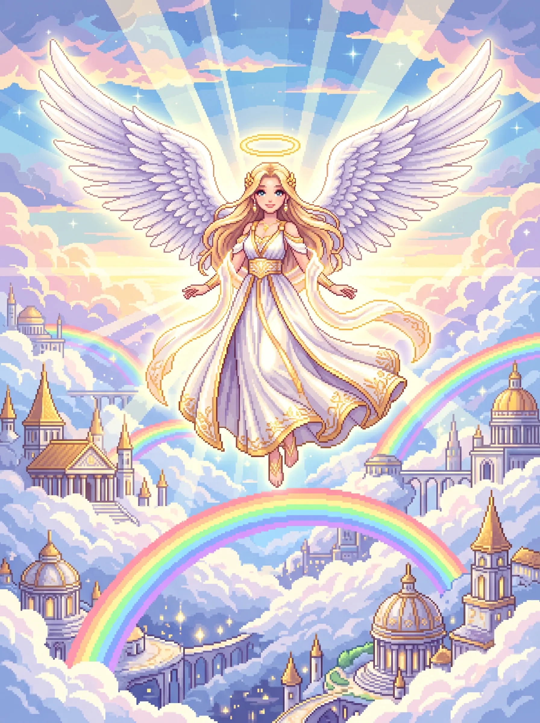 Golden-haired angel floating above a pastel cloud city with rainbows, white dress and halo, pixel art