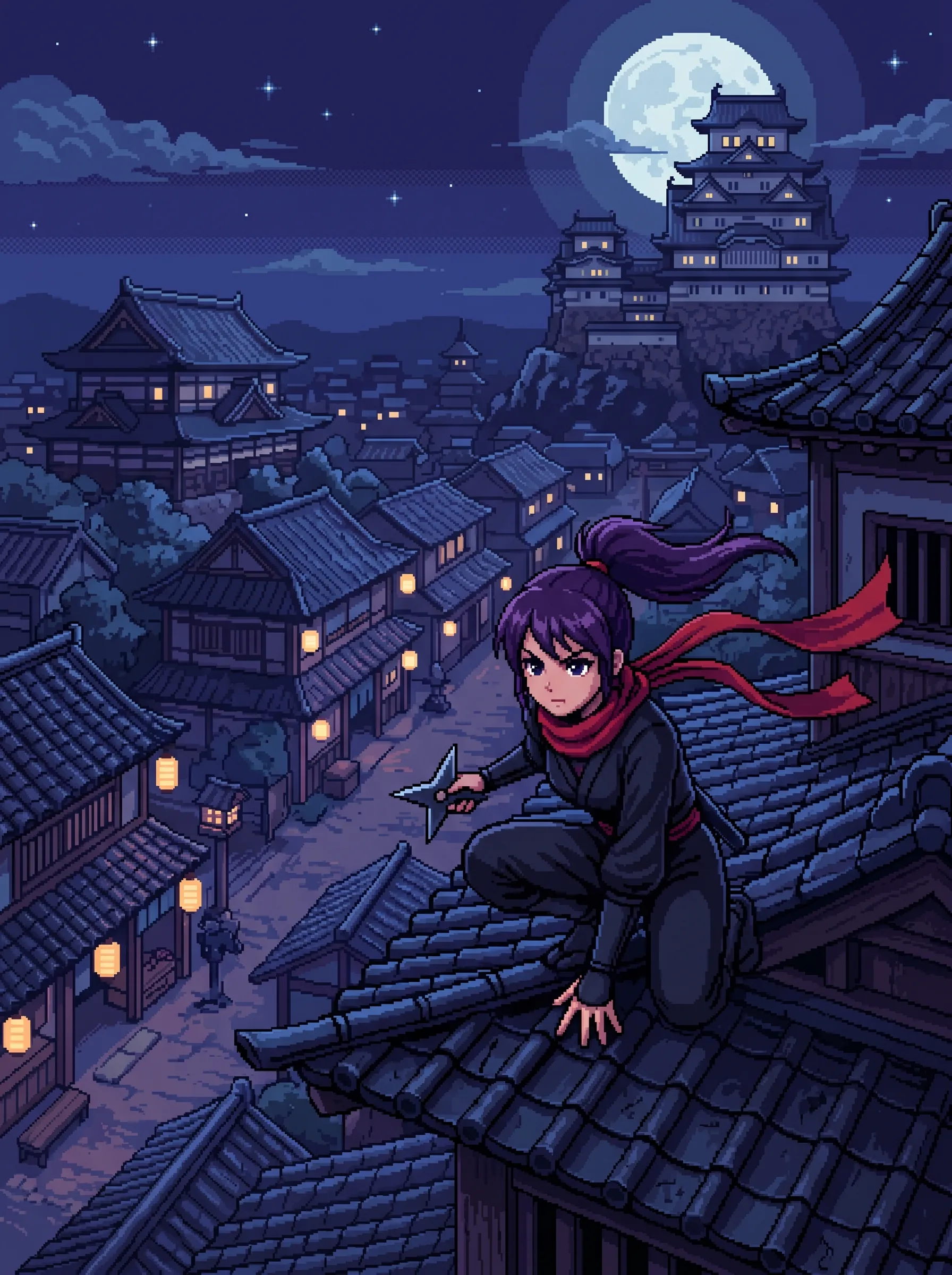 Purple-haired ninja crouched on a rooftop holding a shuriken, moonlit Japanese castle town below, pixel art