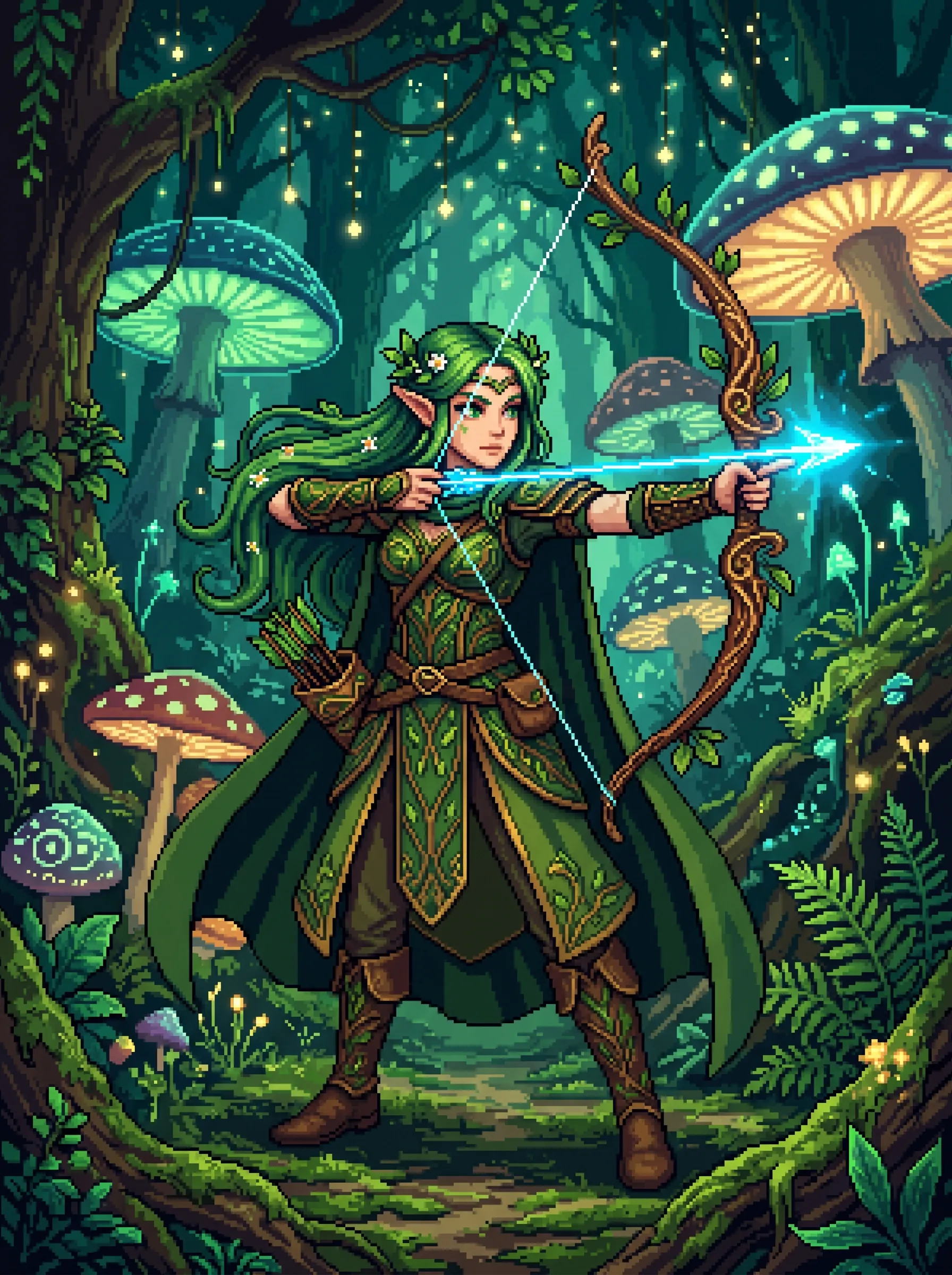 AI girl generator pixel art elf archer with green hair aiming a glowing arrow in a mushroom forest