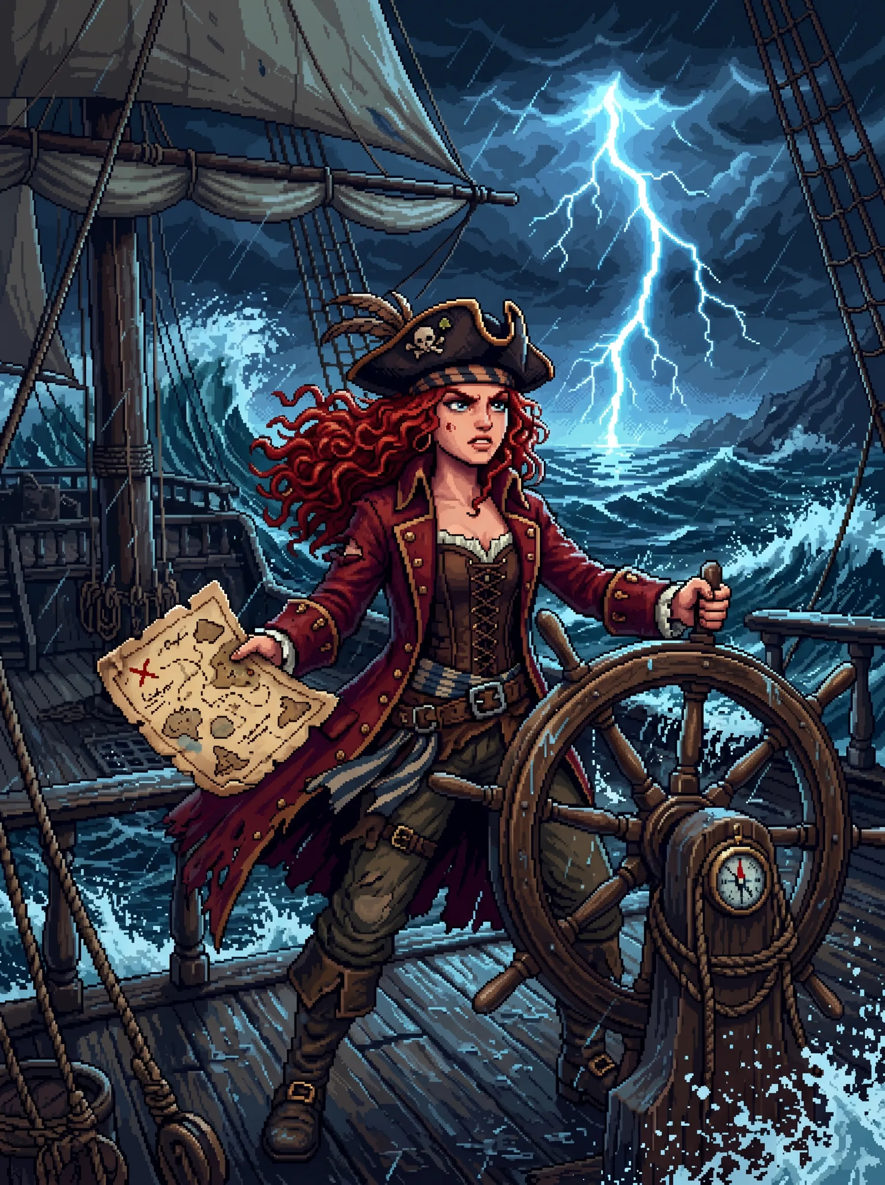 Red-haired pirate captain at the ship's wheel clutching a treasure map in a lightning storm, pixel art