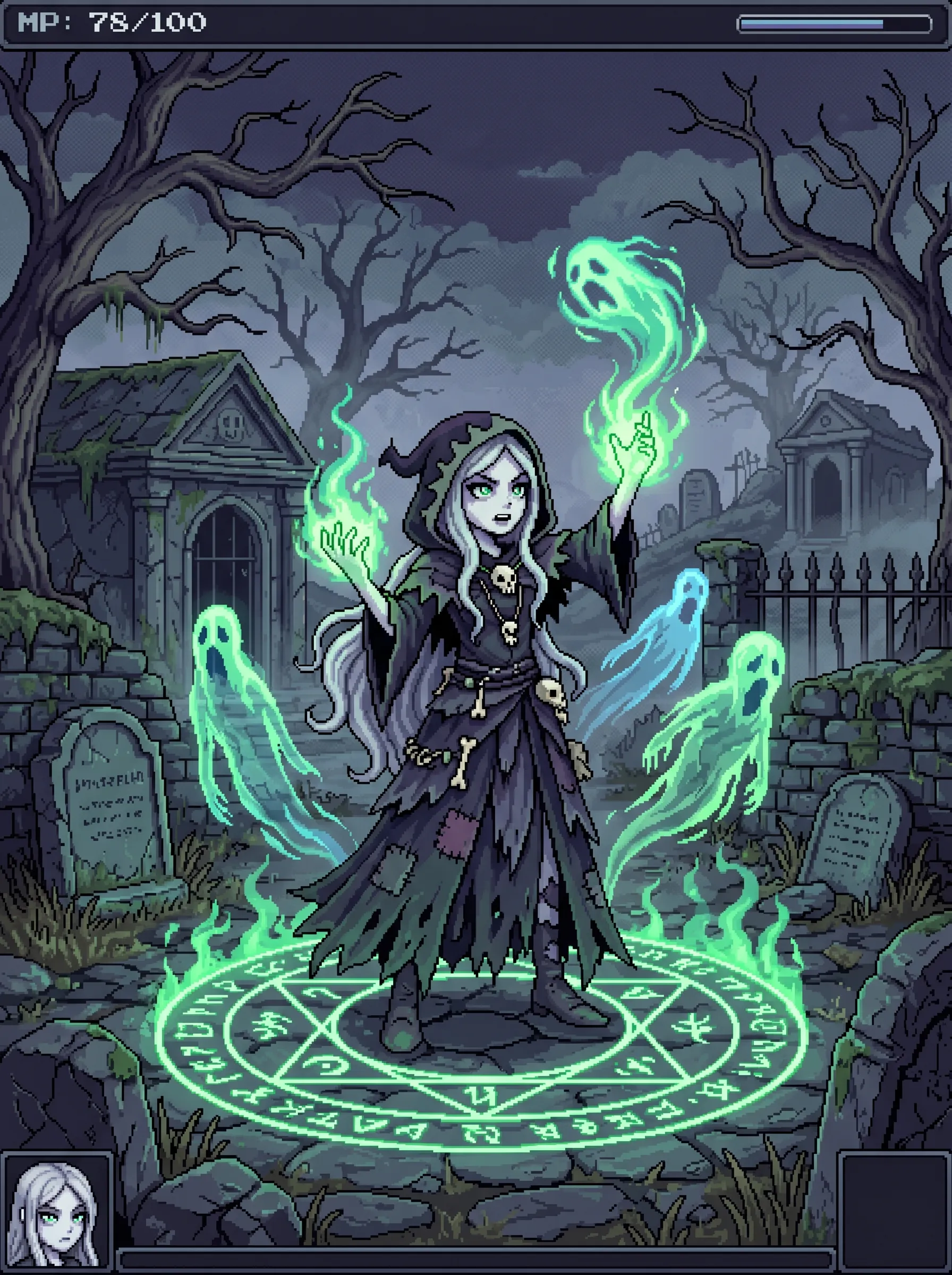 Hooded necromancer summoning green spectral flames in a graveyard with ghosts, dark pixel art RPG style