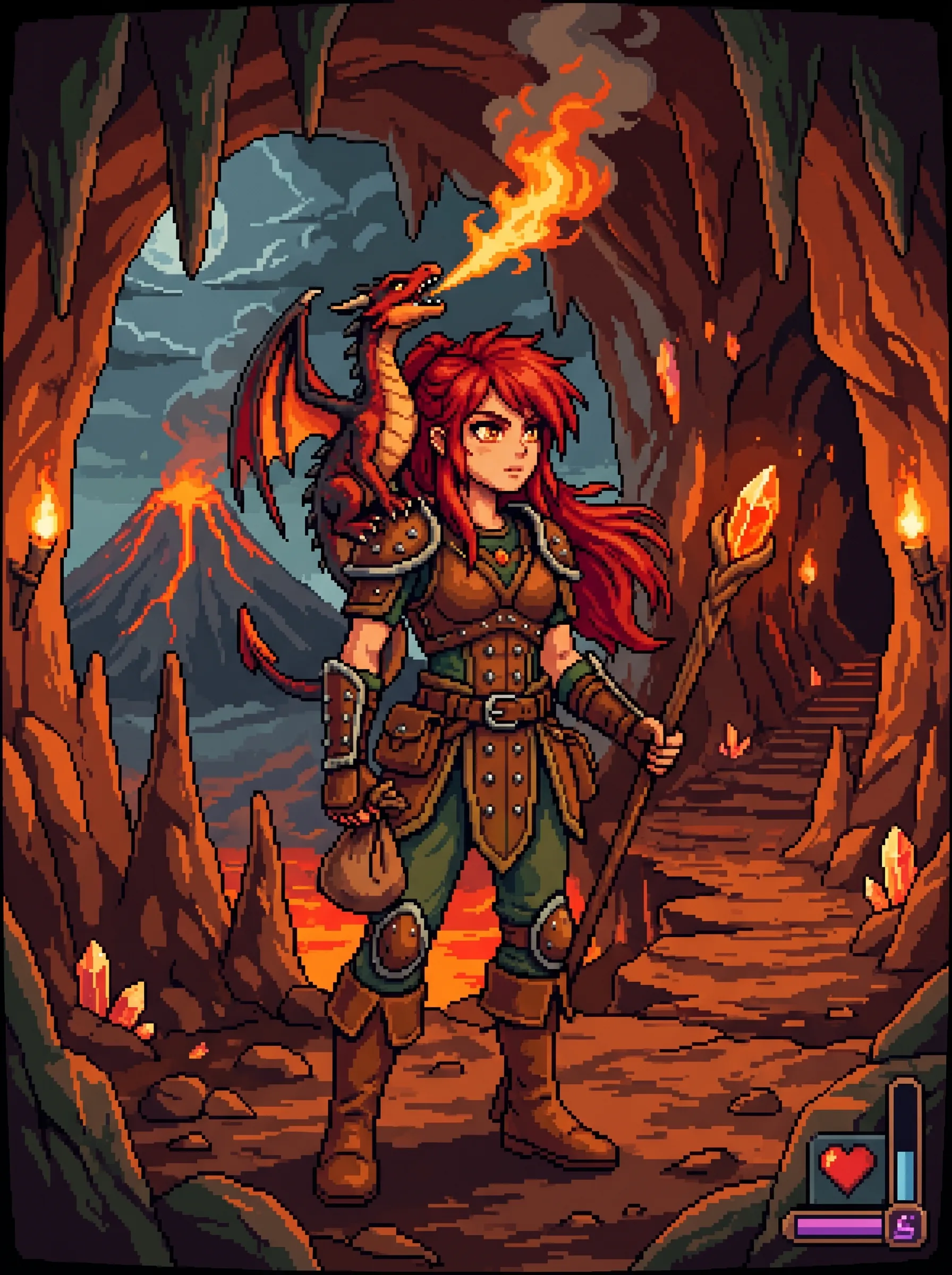 Red-haired warrior with a baby dragon on her shoulder standing in a lava cave, retro RPG pixel art