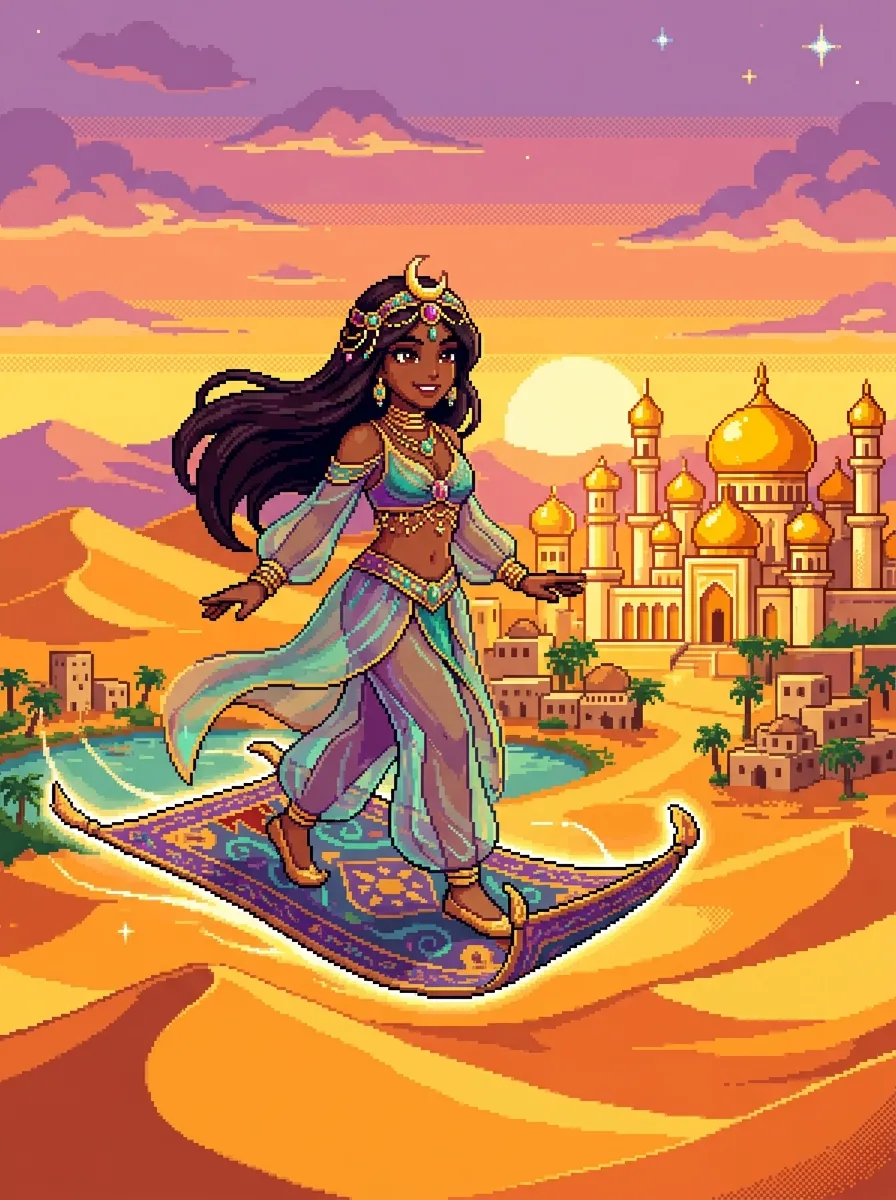 Arabian princess standing on a flying carpet above golden desert dunes at sunset, colorful pixel art