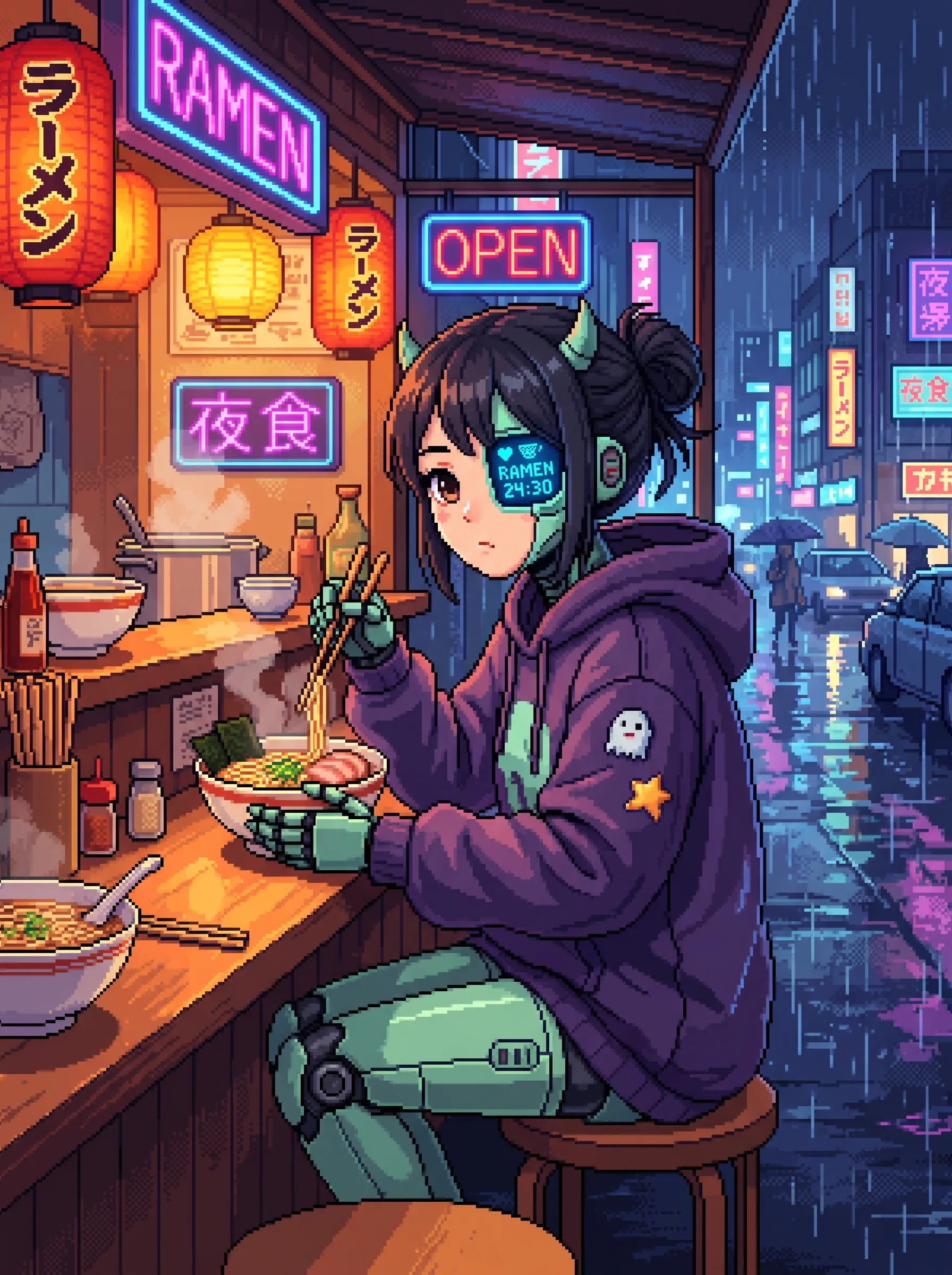 Girl in a purple hoodie eating ramen at a rainy neon-lit street stall, cozy cyberpunk pixel art