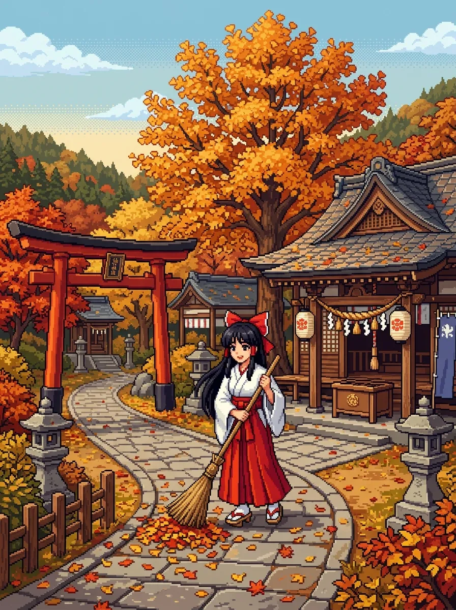 Shrine maiden sweeping autumn leaves under a red torii gate at a Japanese shrine, warm pixel art