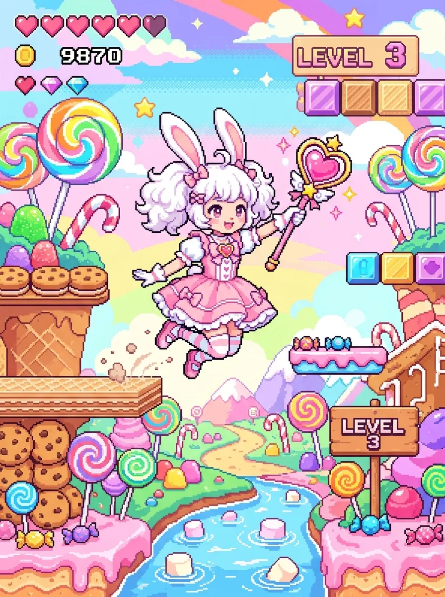 Bunny-eared girl in a pink dress bouncing through a candy land platformer level, kawaii pixel art