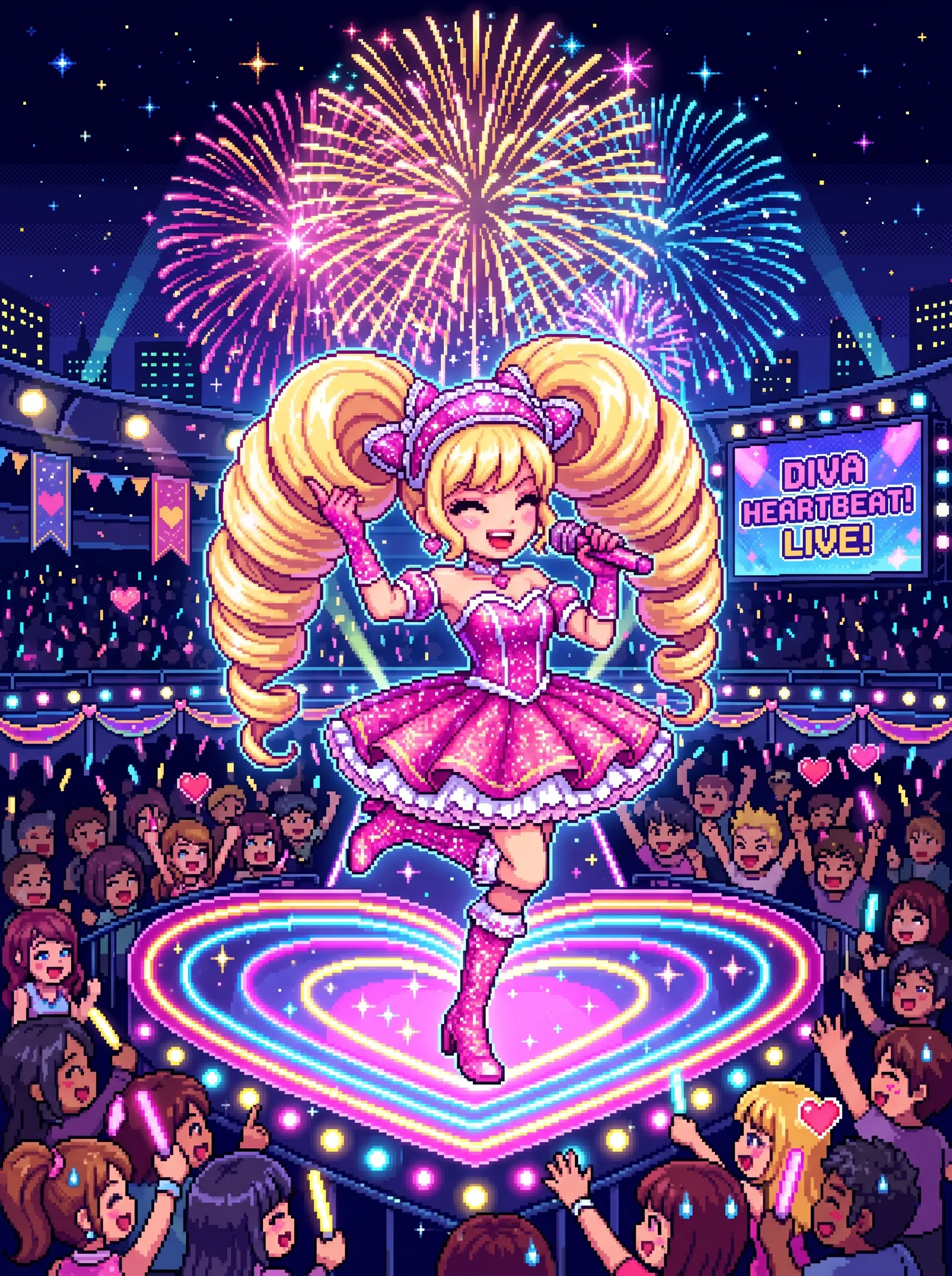 Blonde idol in twintails dancing on a heart-shaped stage under fireworks, vibrant pixel art concert