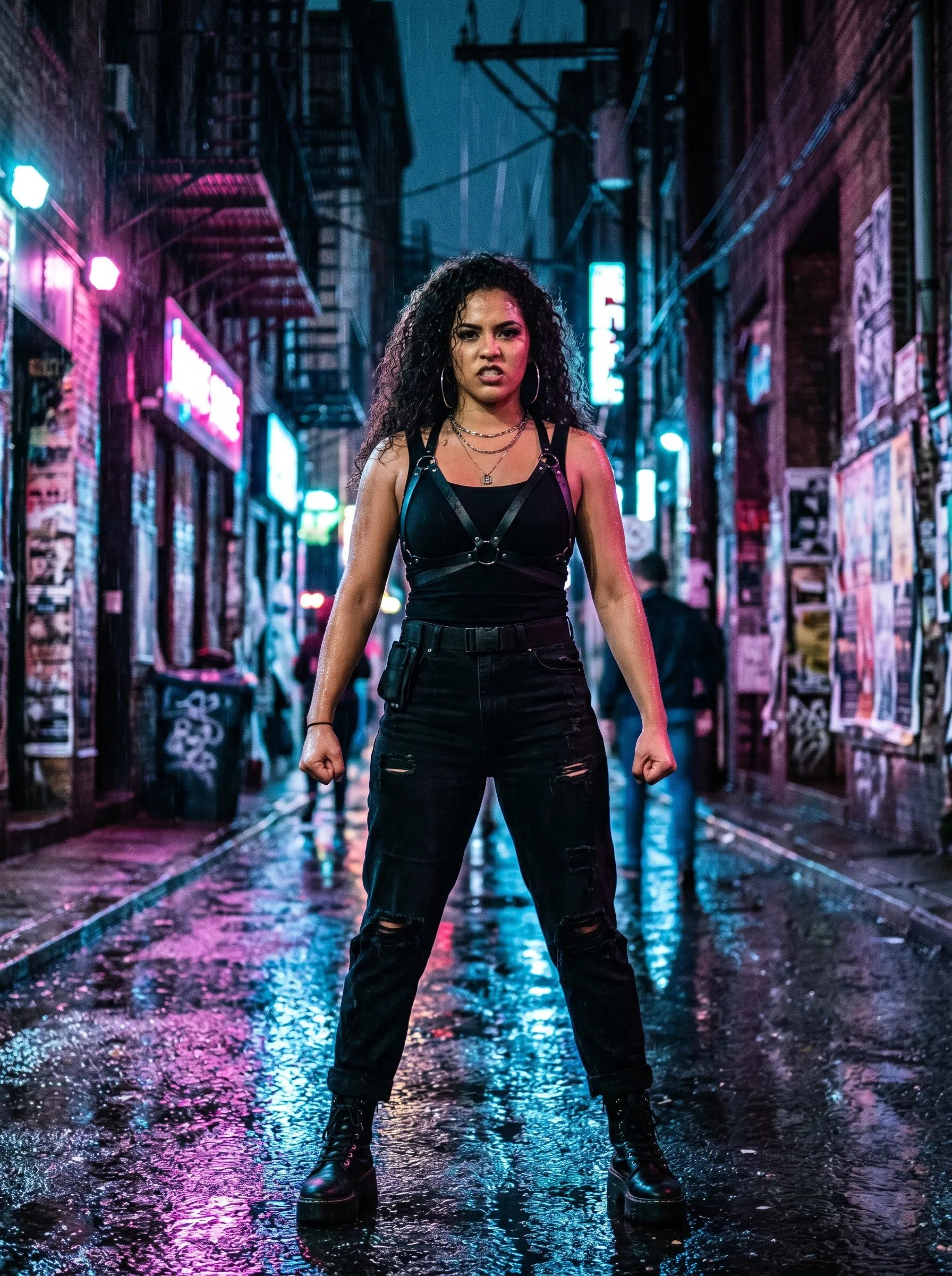 Curly-haired woman in all-black tactical gear standing defiantly in a neon-soaked rain-drenched city alleyway