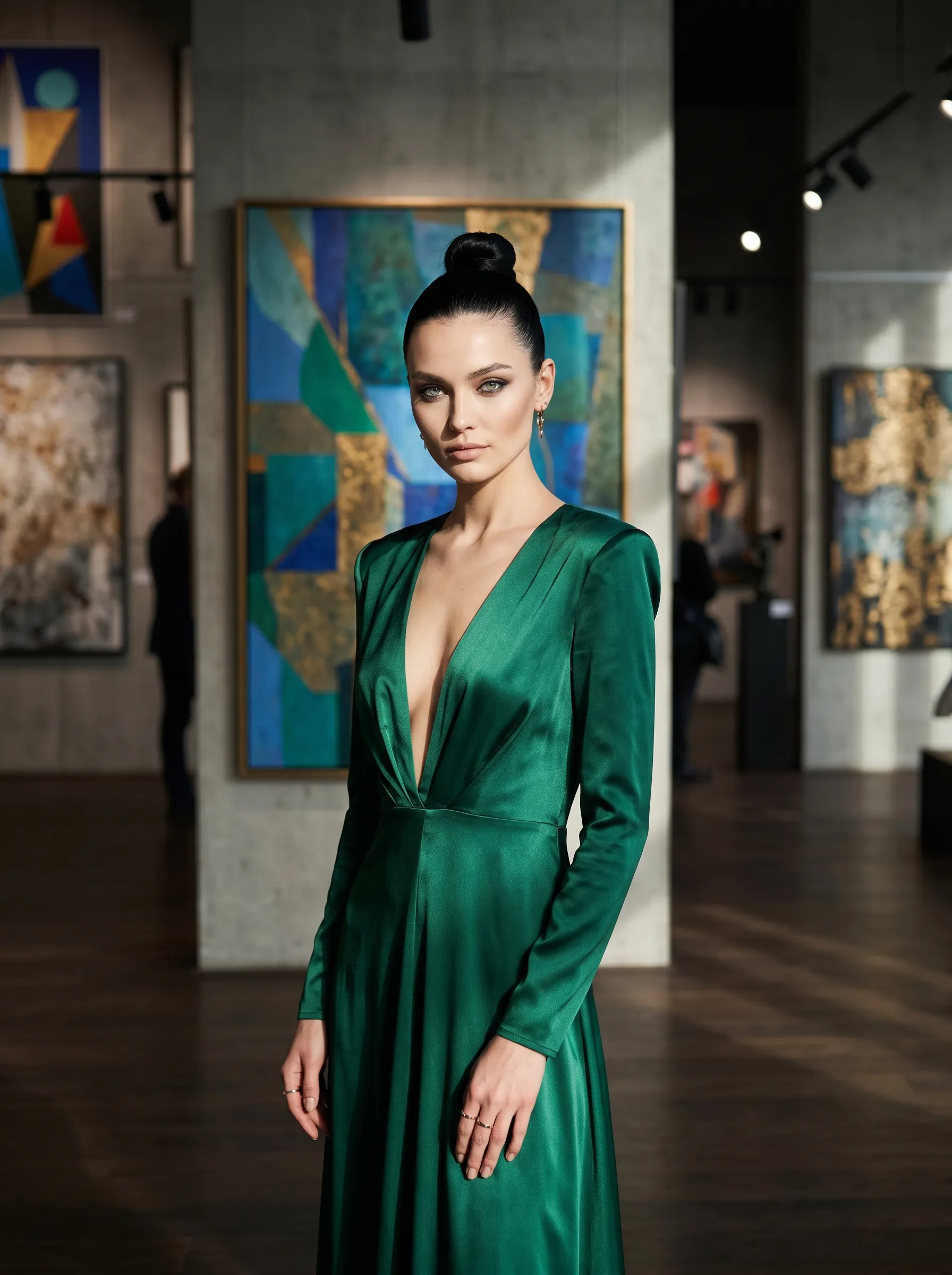 Raven-haired woman with a sleek top bun wearing an emerald satin gown inside a contemporary art gallery