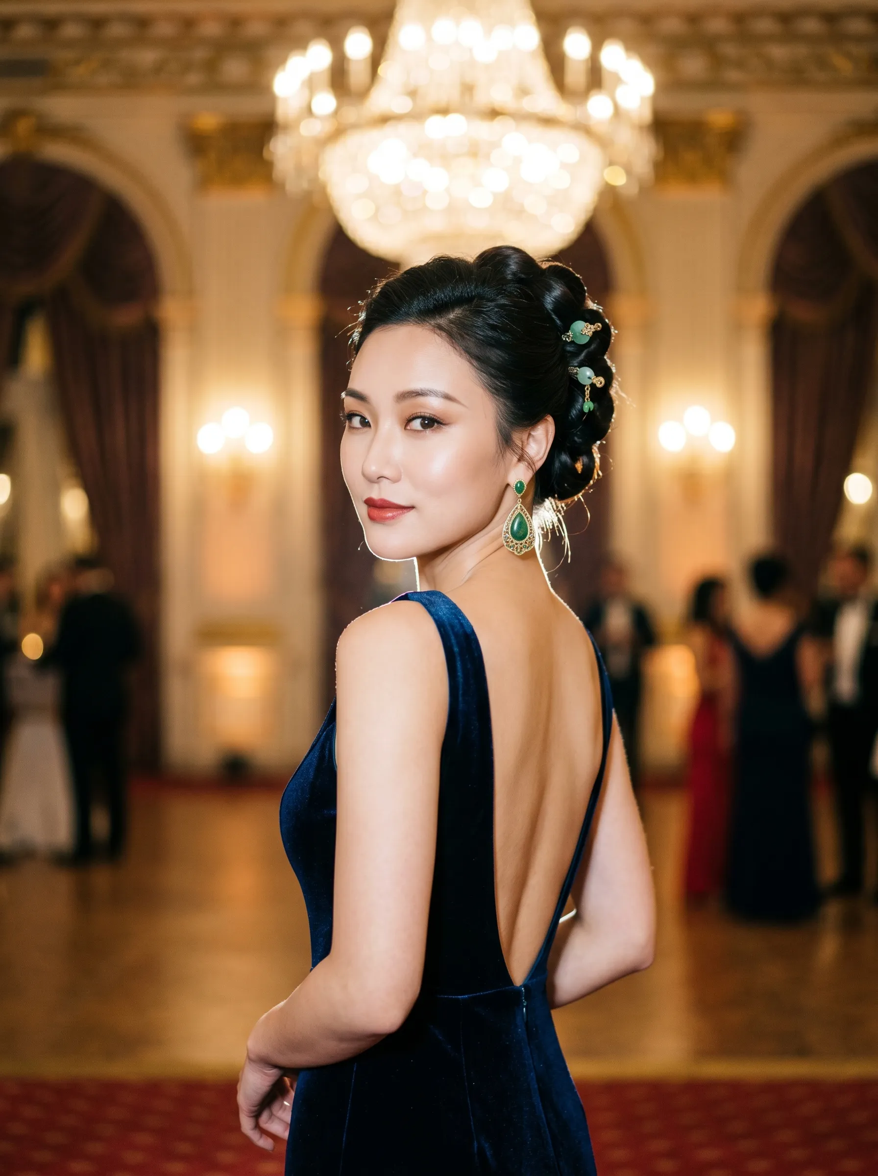 AI girl generator example of an elegant woman with an updo in a navy backless gown at a chandelier-lit ballroom