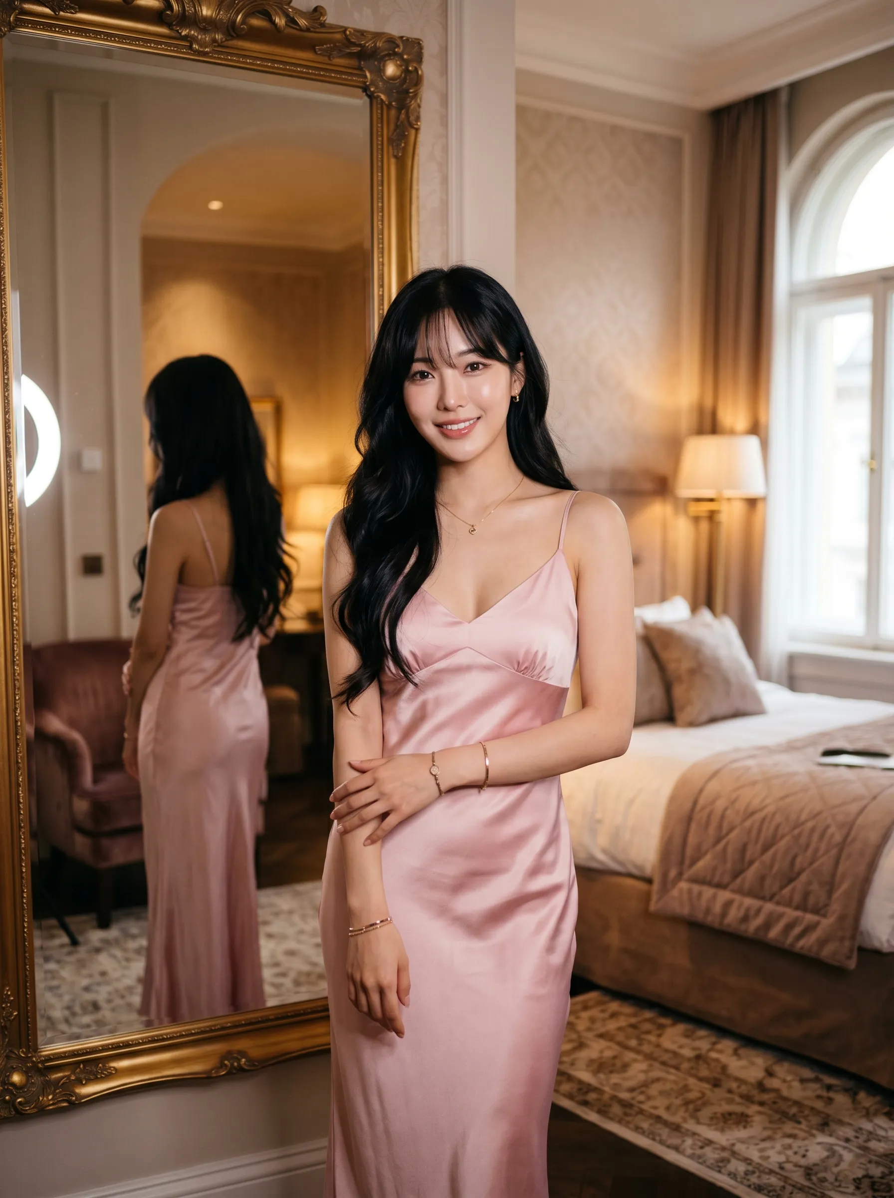 Black-haired woman in a blush pink satin slip dress posing before a gilded mirror in a luxury hotel suite