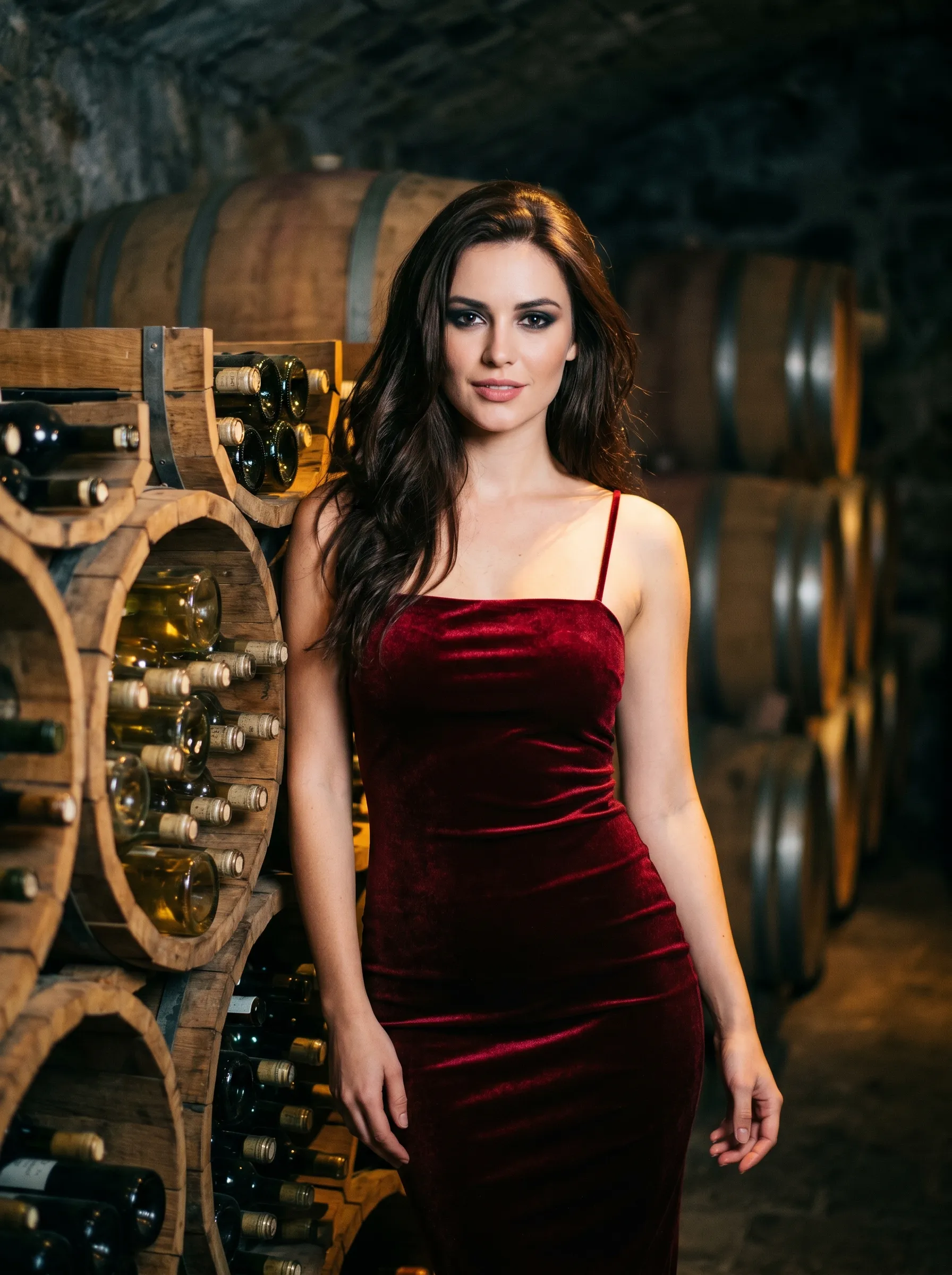 Auburn-haired woman in a burgundy velvet dress standing among oak barrels in a dim underground wine cellar