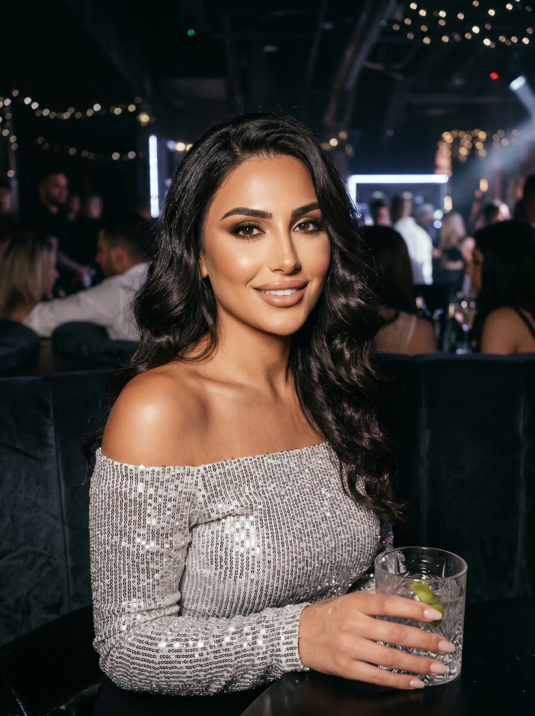 Dark-haired woman in a silver off-shoulder sequin top holding a cocktail in a crowded dimly lit nightclub