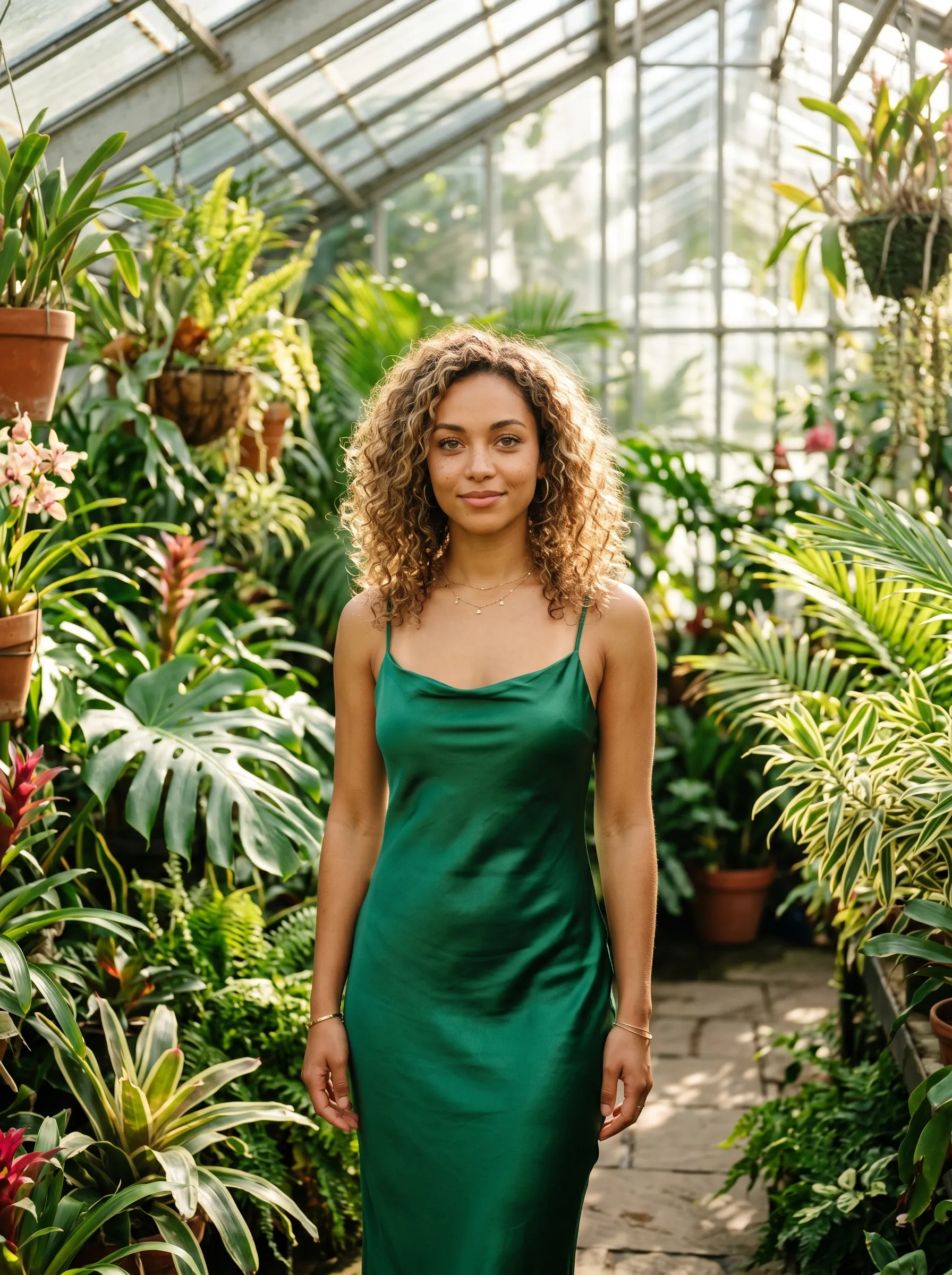 Curly-haired woman in a green satin slip dress standing among tropical plants in a sunlit greenhouse conservatory