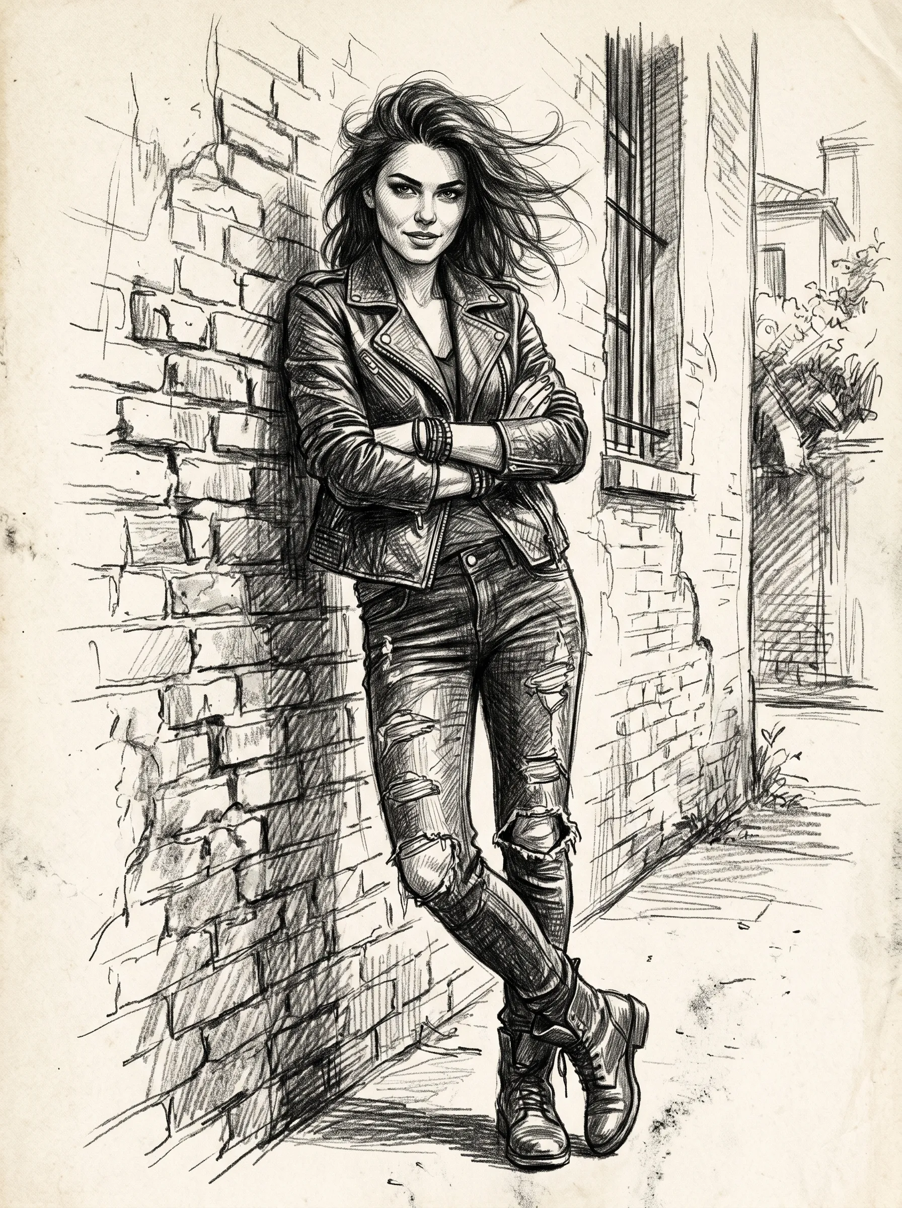 Confident girl in a leather jacket leaning against a brick wall, windswept dark hair, pen and ink crosshatching