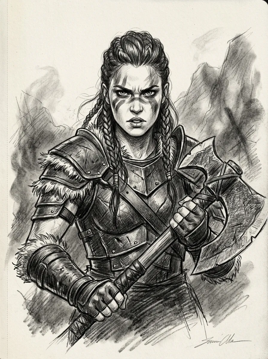 Fierce Viking shieldmaiden with braided hair gripping a battle axe, charcoal shading on rough paper