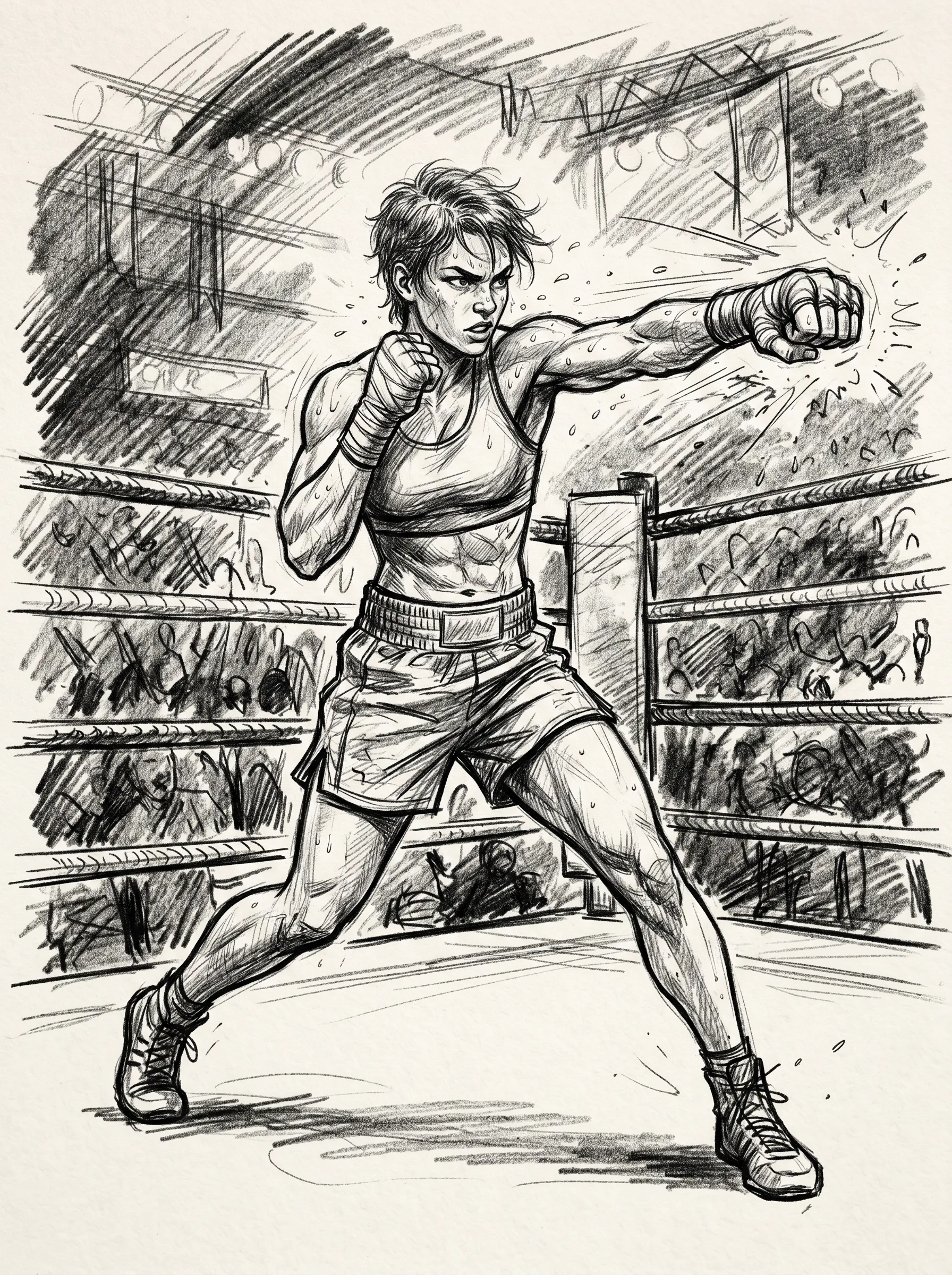 Athletic boxer throwing a right hook in a crowded ring, messy short hair, dynamic charcoal strokes