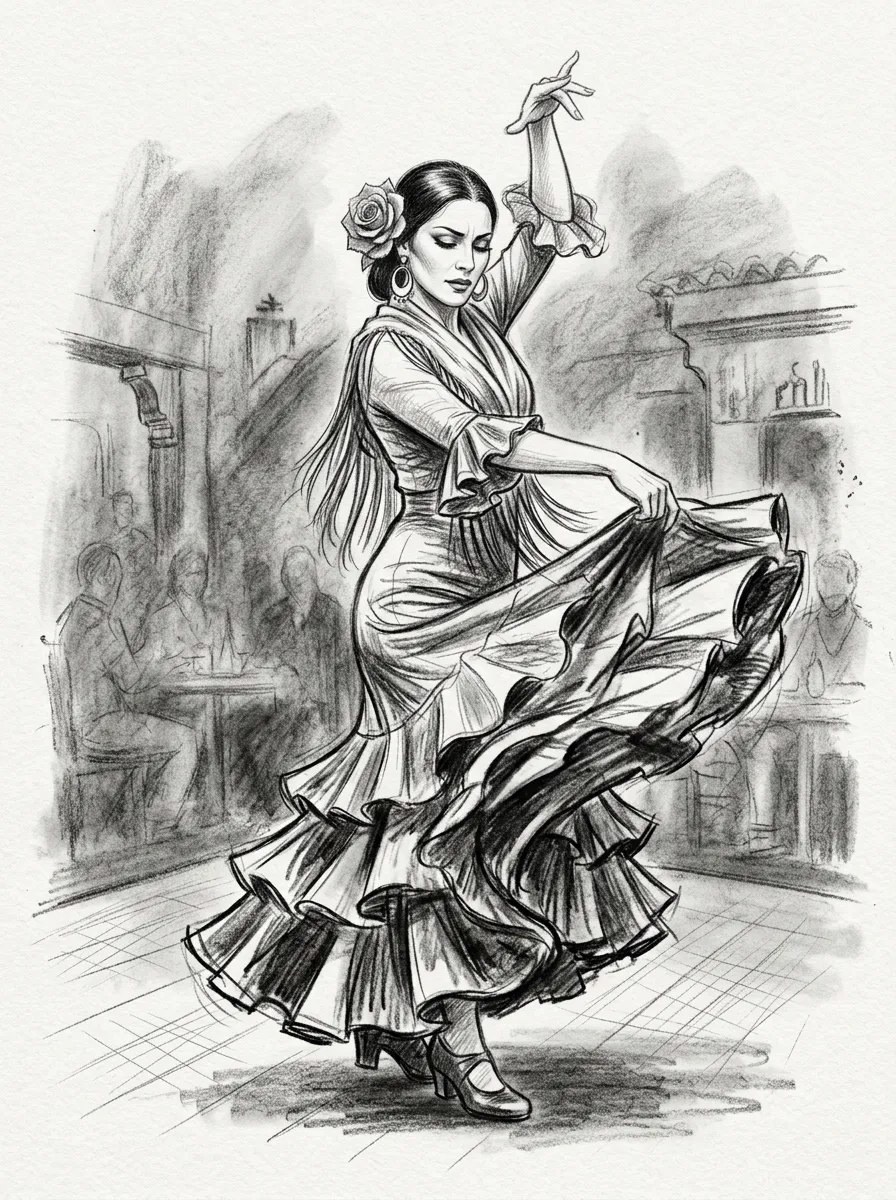 Flamenco dancer mid-twirl with a ruffled skirt and flower in her hair, loose expressive brush strokes