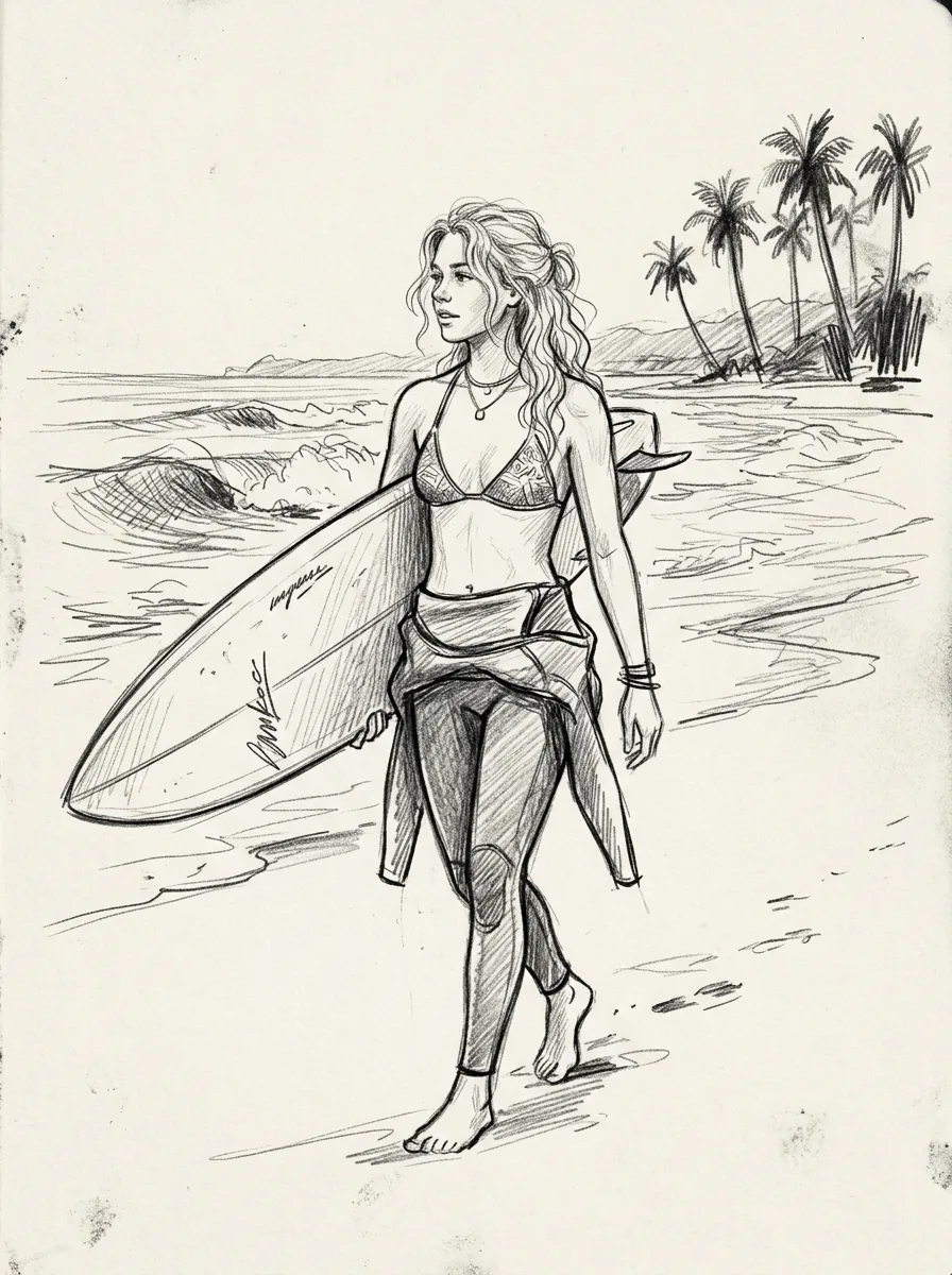 Surfer girl carrying a board along a tropical beach with palm trees, relaxed pencil sketch style