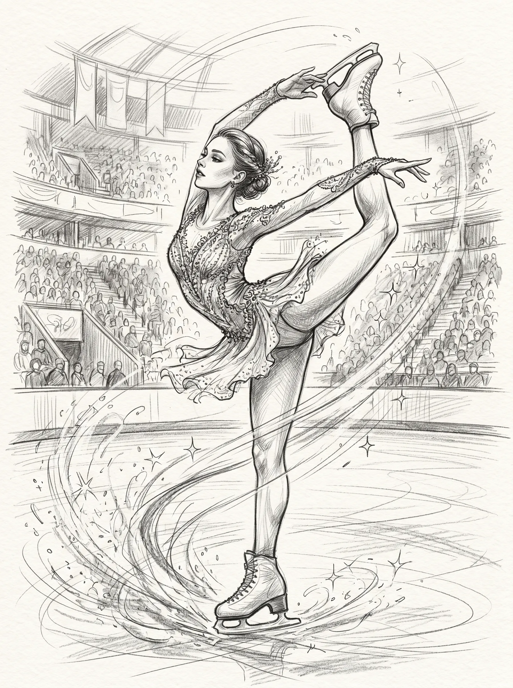 Figure skater in an embellished leotard holding a Biellmann spin in a packed arena, graceful pencil lines