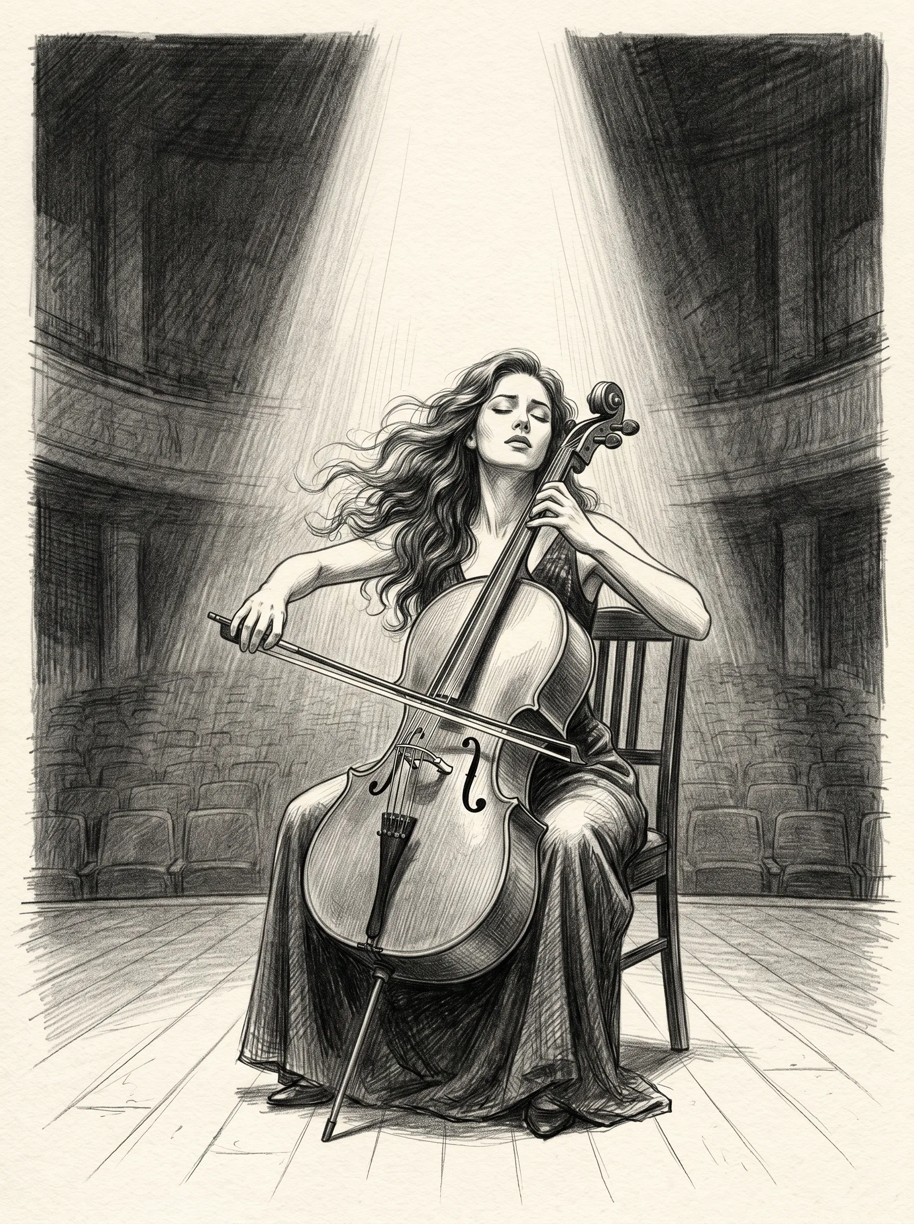 Cellist with long wavy hair lost in music on a spotlight-lit concert hall stage, soft pencil rendering