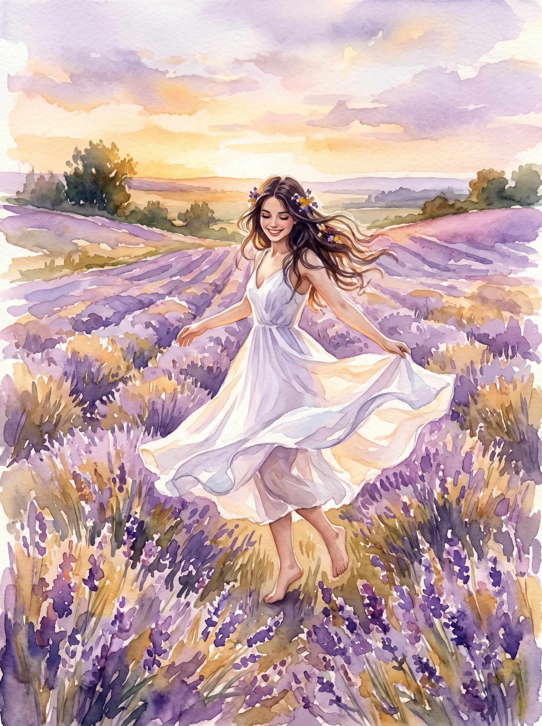 Brunette in a flowing white dress dancing barefoot through a lavender field at golden hour sunset