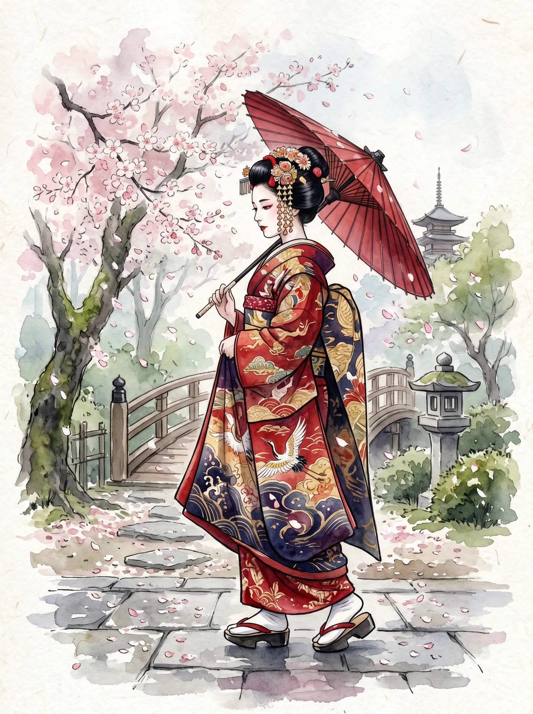 Elegant woman in a red and gold kimono with a parasol strolling through a cherry blossom garden