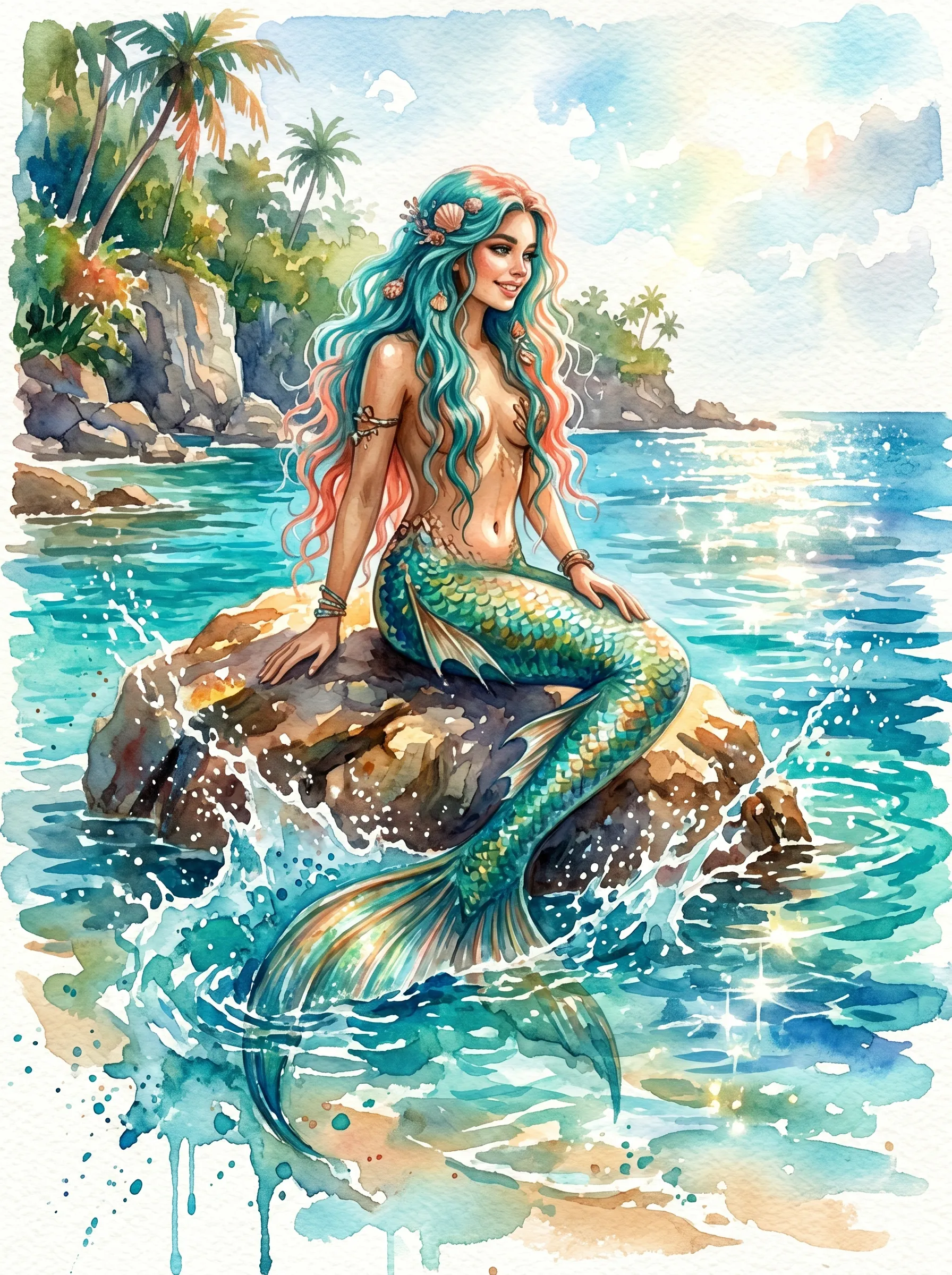 Turquoise-haired mermaid sitting on ocean rocks near a tropical island, waves splashing around her