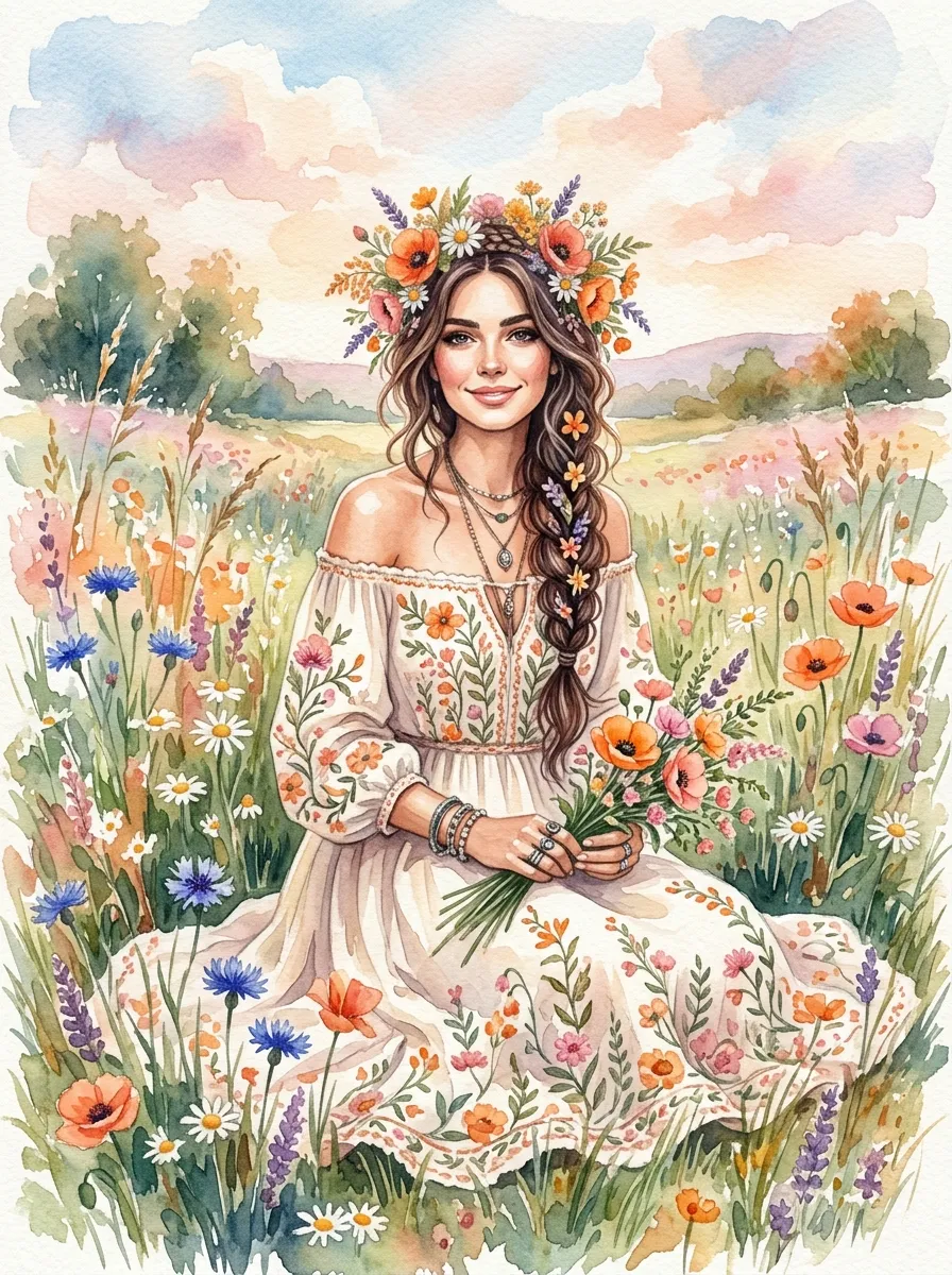 Girl with a flower crown and braided hair in an embroidered bohemian dress, seated in a wildflower meadow