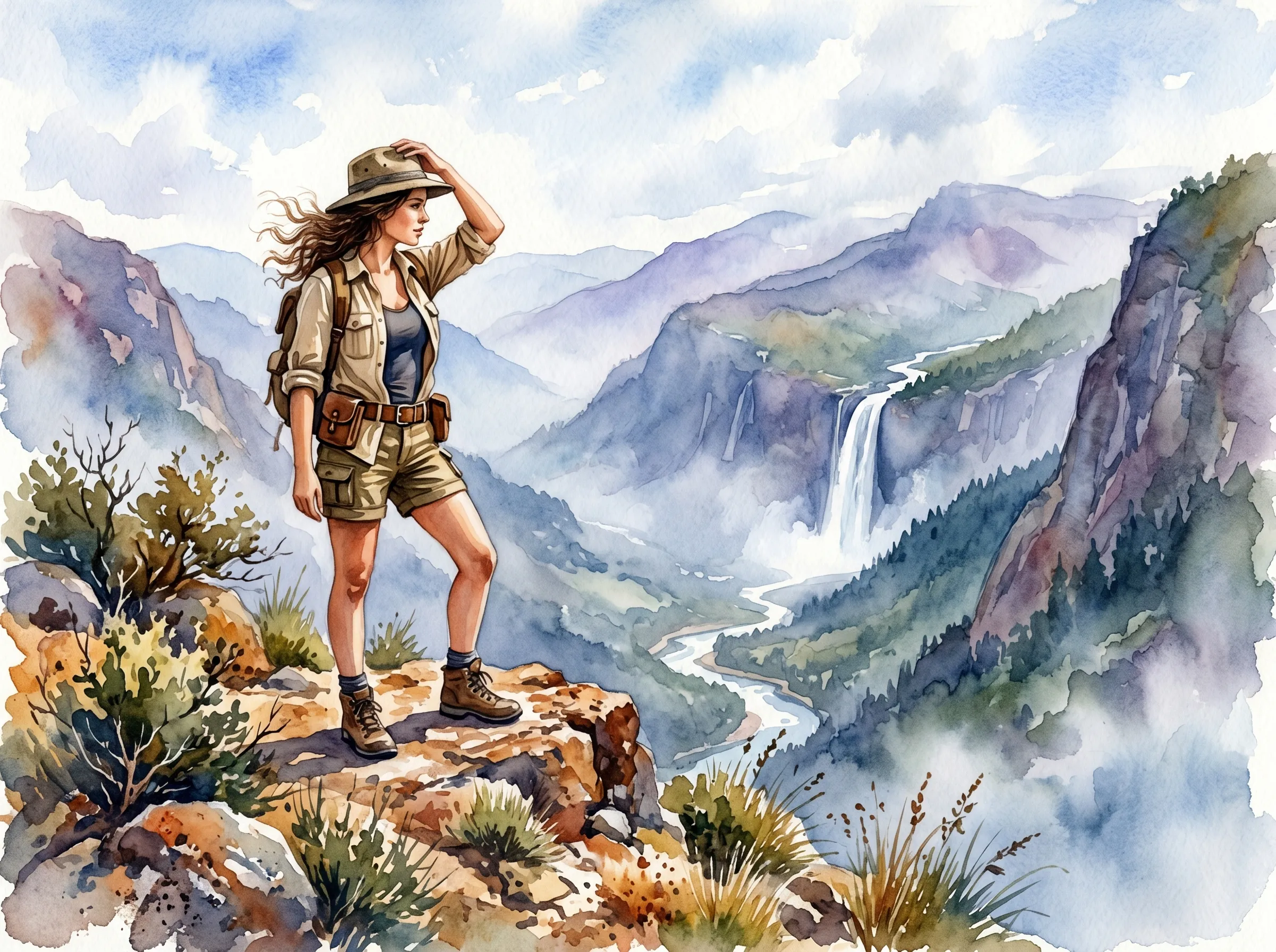 Adventurous hiker standing on a cliff edge overlooking a waterfall and misty mountain valley