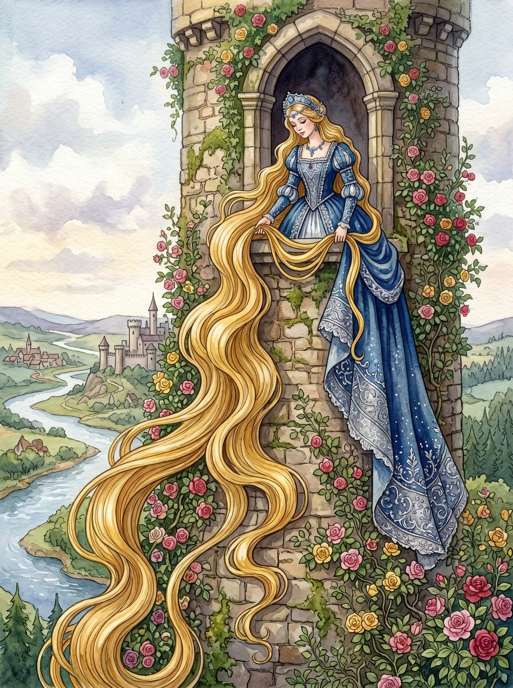 AI girl generator watercolor of a golden-haired princess letting her long locks cascade from a rose-covered tower