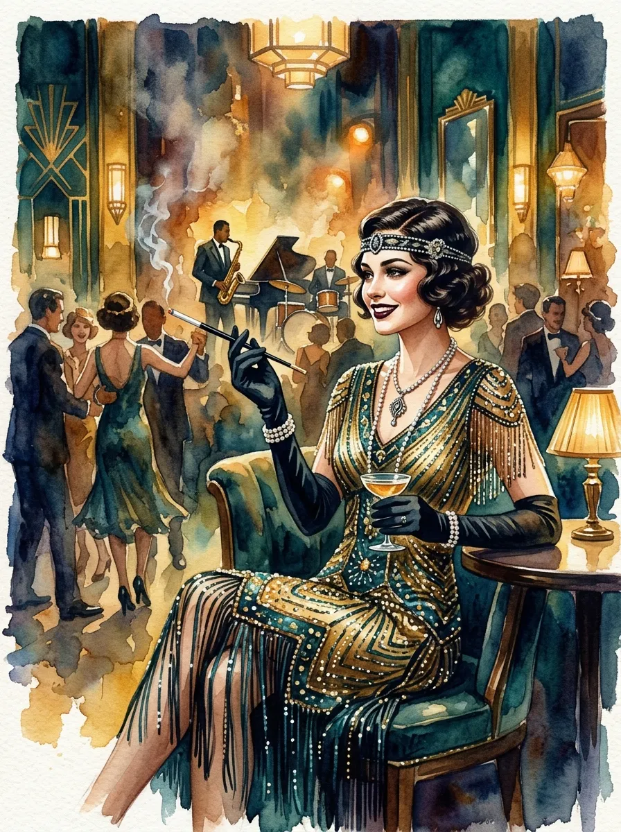 Glamorous 1920s flapper in a gold fringed dress holding a cigarette holder at a jazz lounge