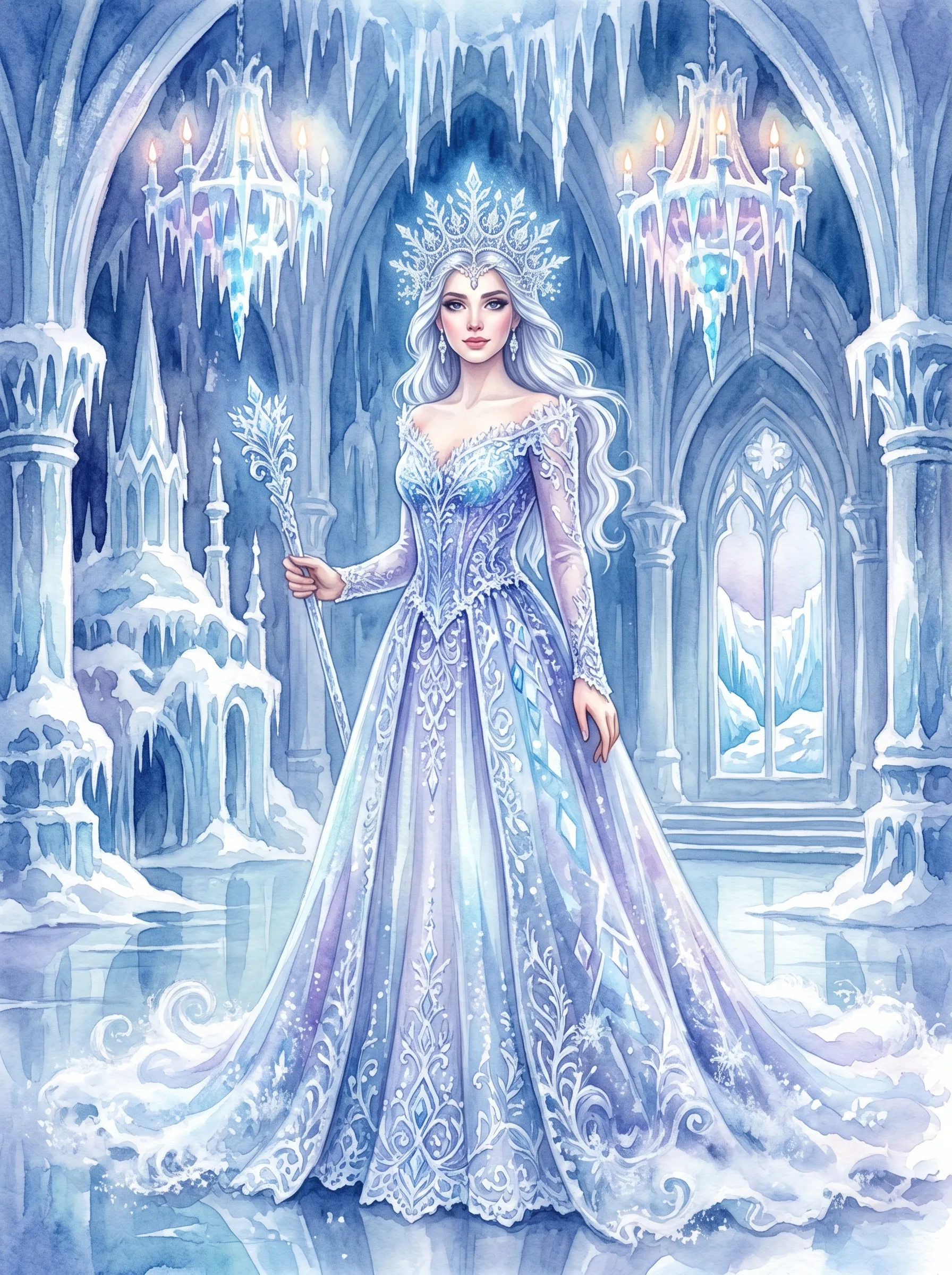 Silver-haired ice queen in a crystalline blue gown holding a frost scepter inside a frozen palace