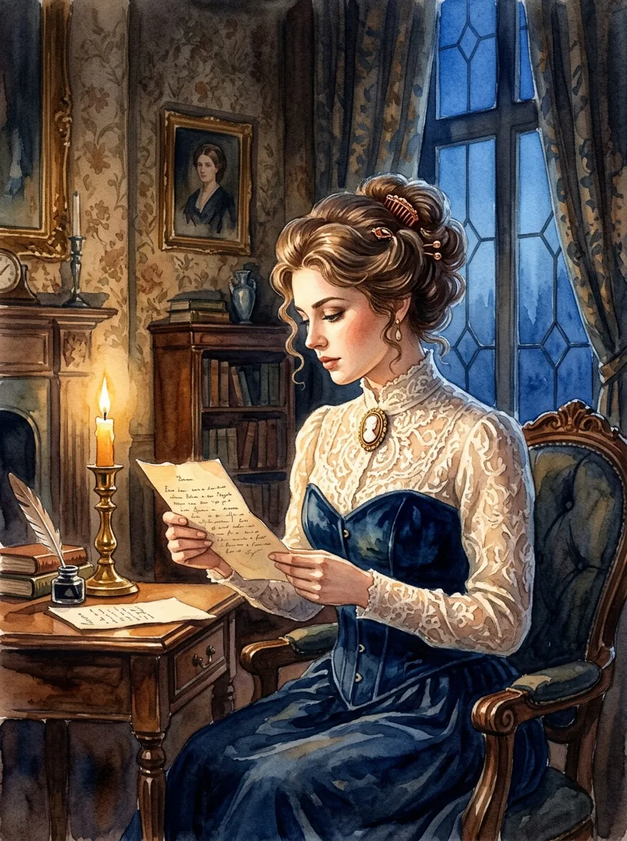 Victorian woman in a navy blue dress reading a letter by candlelight in an elegant study