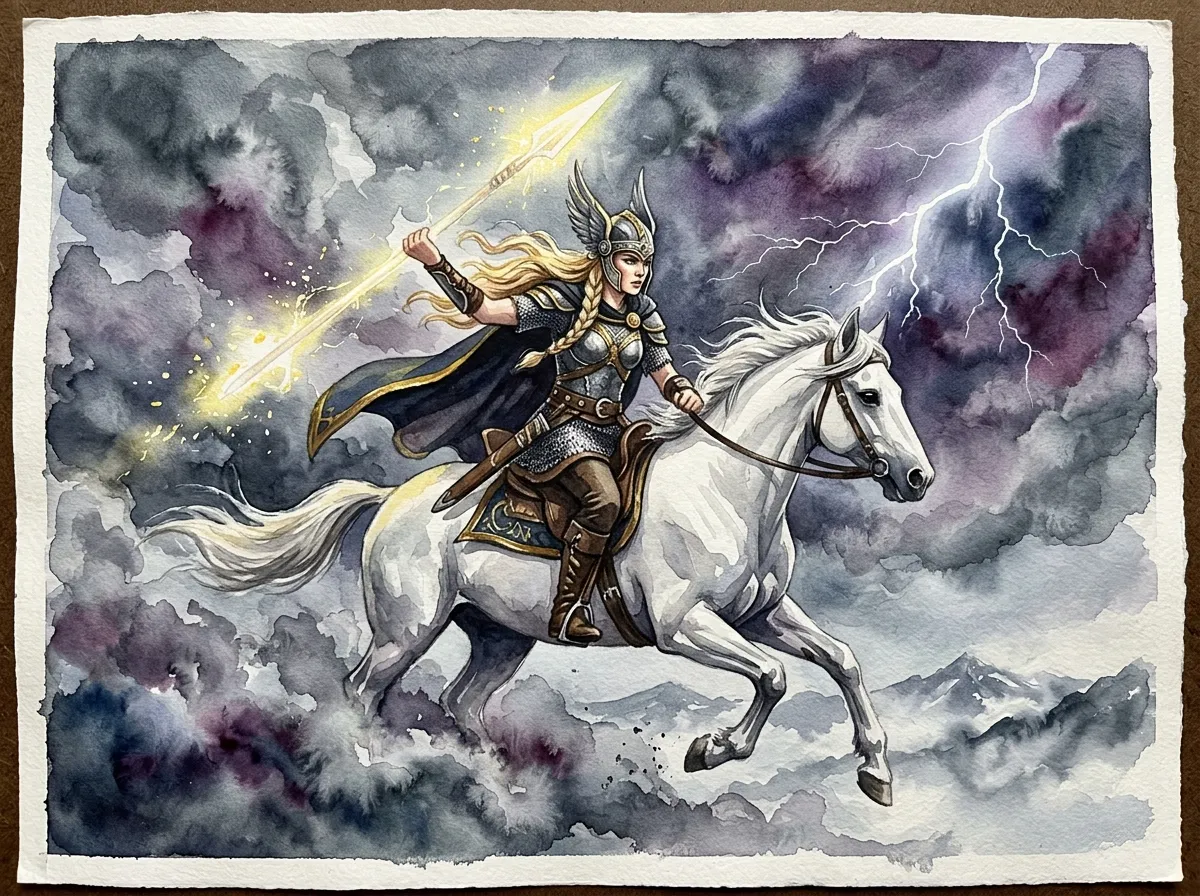 Armored warrior maiden on a white horse charging through storm clouds with a glowing sword raised high