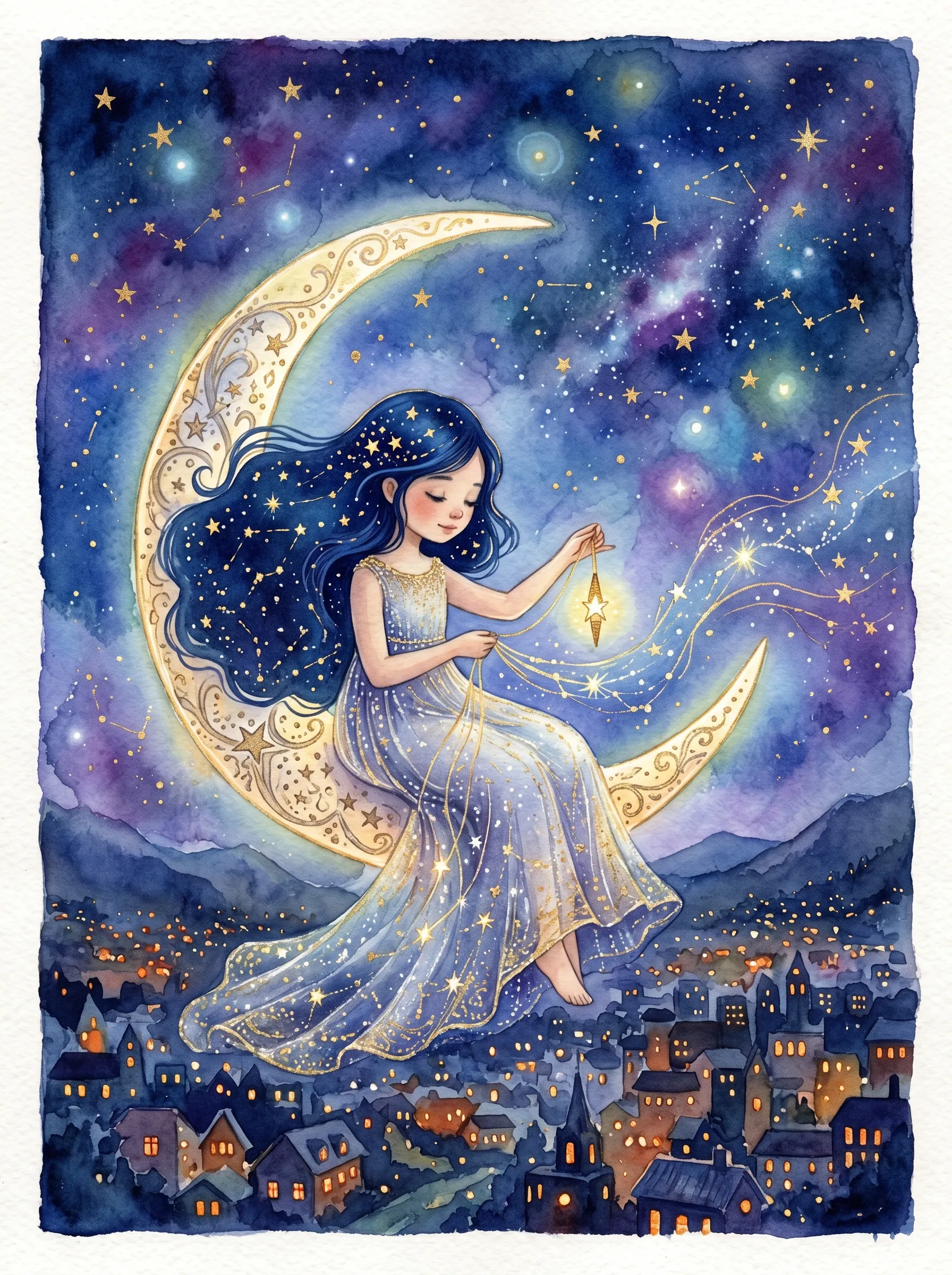Dark-haired girl in a shimmering dress sitting on a crescent moon, holding a glowing star above a sleeping town