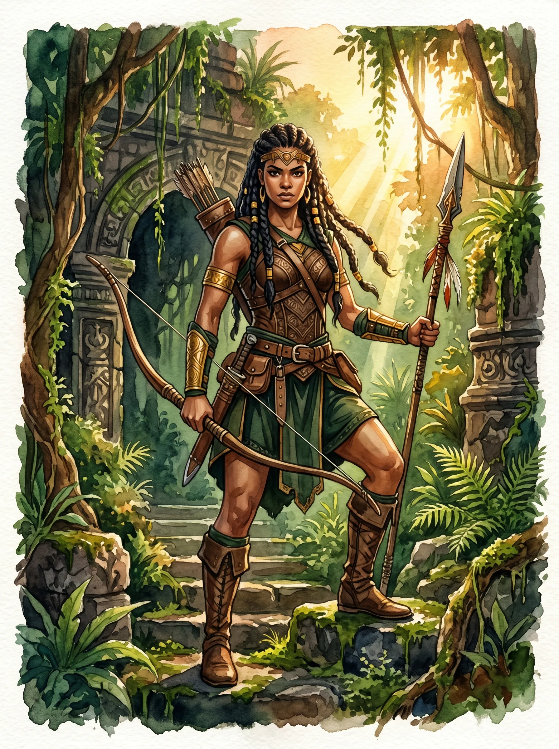 Fierce jungle warrior with braided hair wielding a spear and bow before overgrown temple ruins