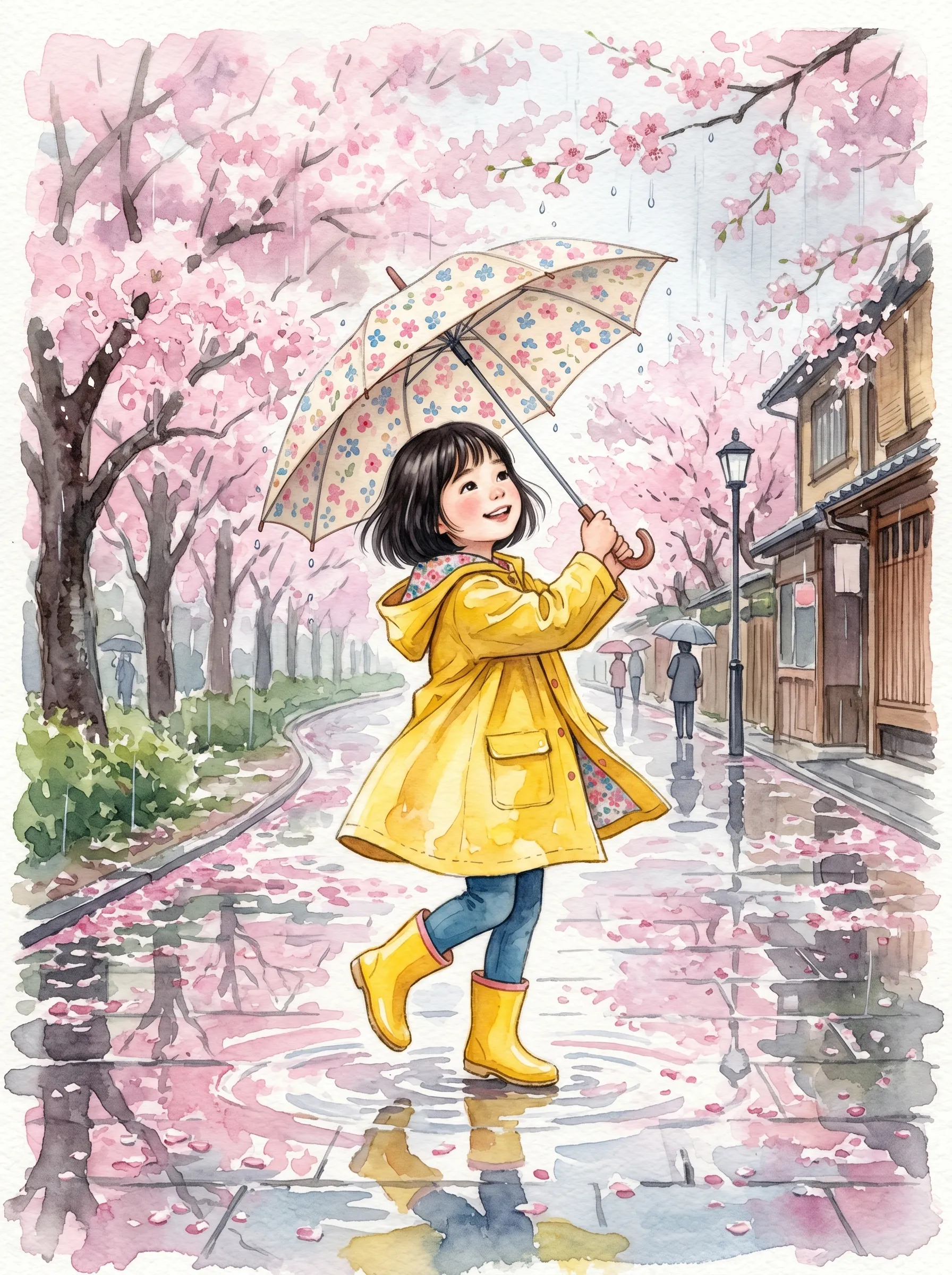 Young girl in a yellow raincoat and boots smiling under a floral umbrella on a rainy cherry blossom street