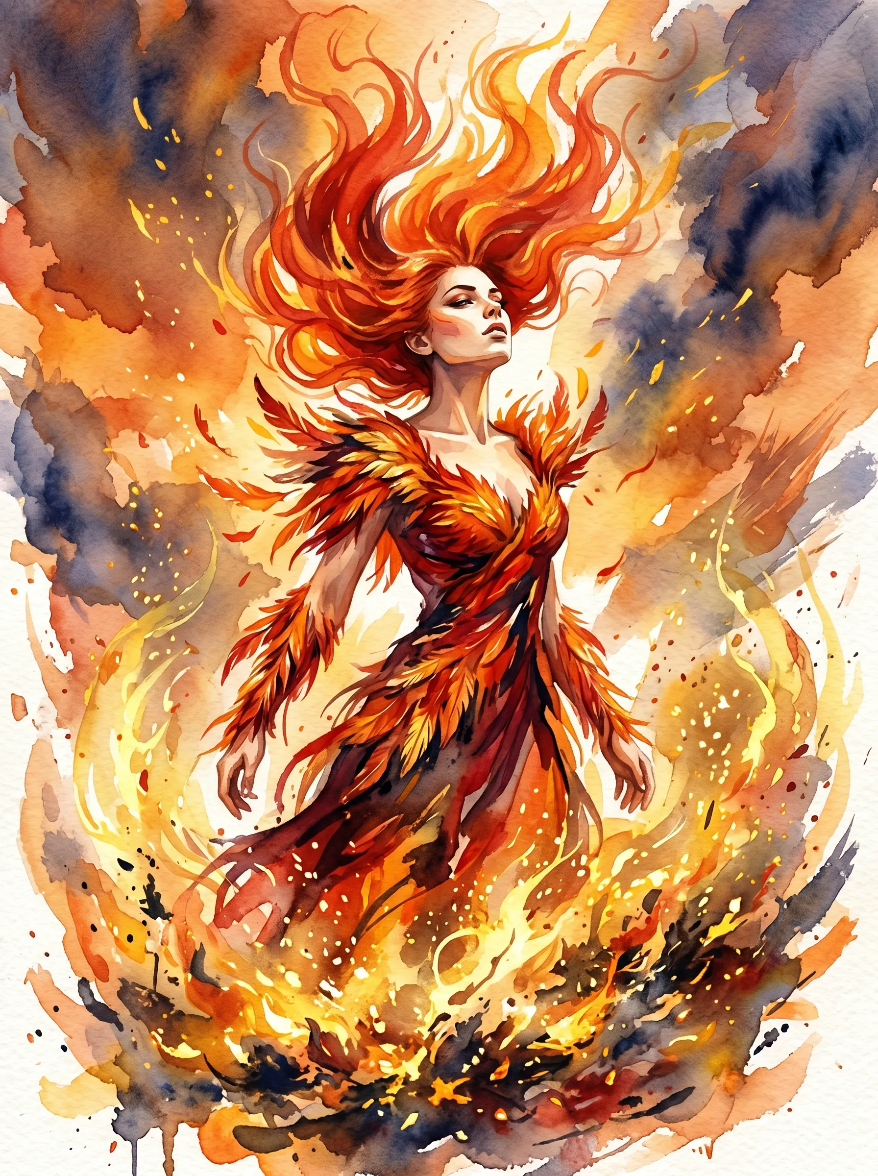 Fire elemental woman with blazing red hair and flame feathers ascending in a swirl of orange and gold