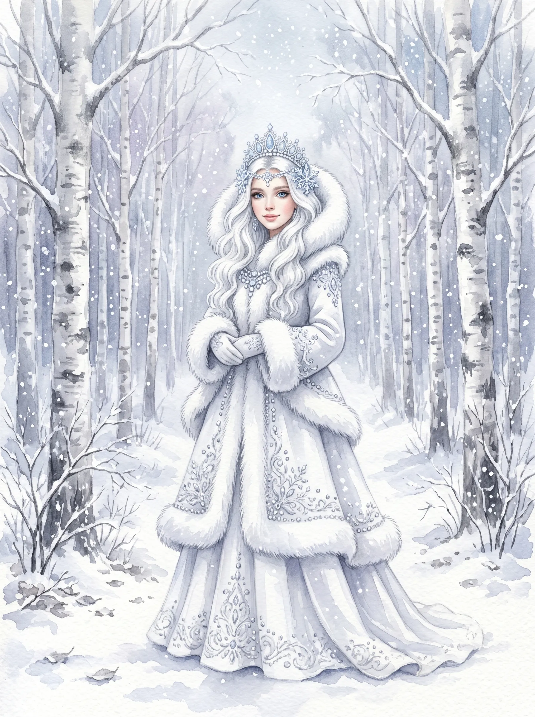 AI girl generator watercolor of a snow maiden in a white fur-trimmed coat standing among birch trees in a winter forest