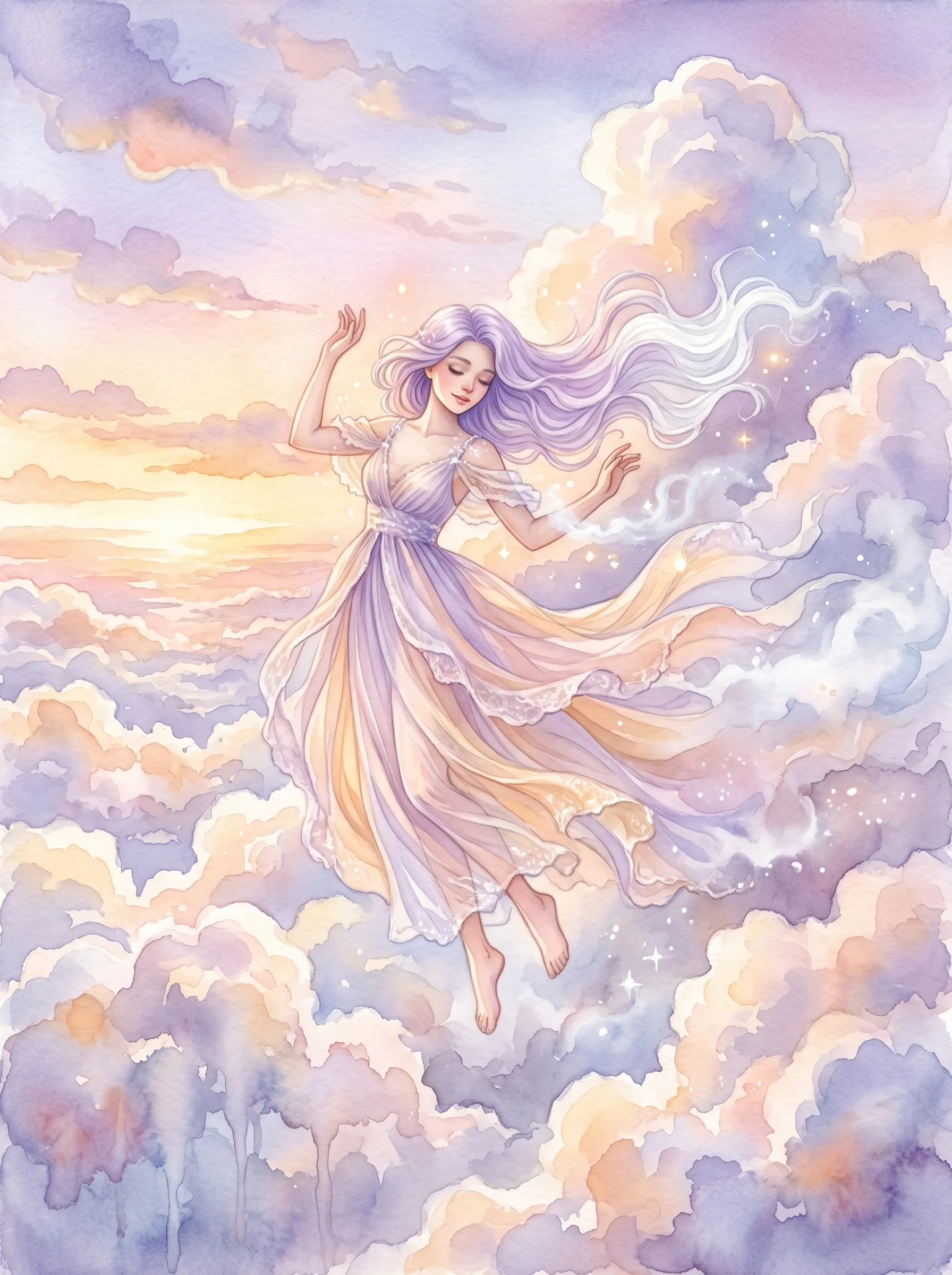 Lavender-haired girl floating gracefully through pastel sunset clouds in a flowing ethereal gown