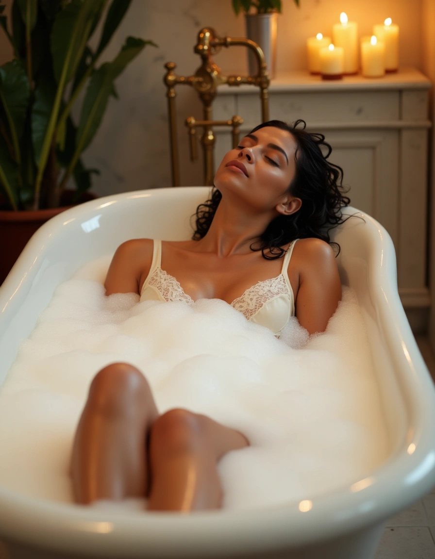 Latina girl in steam bathtub by candlelight